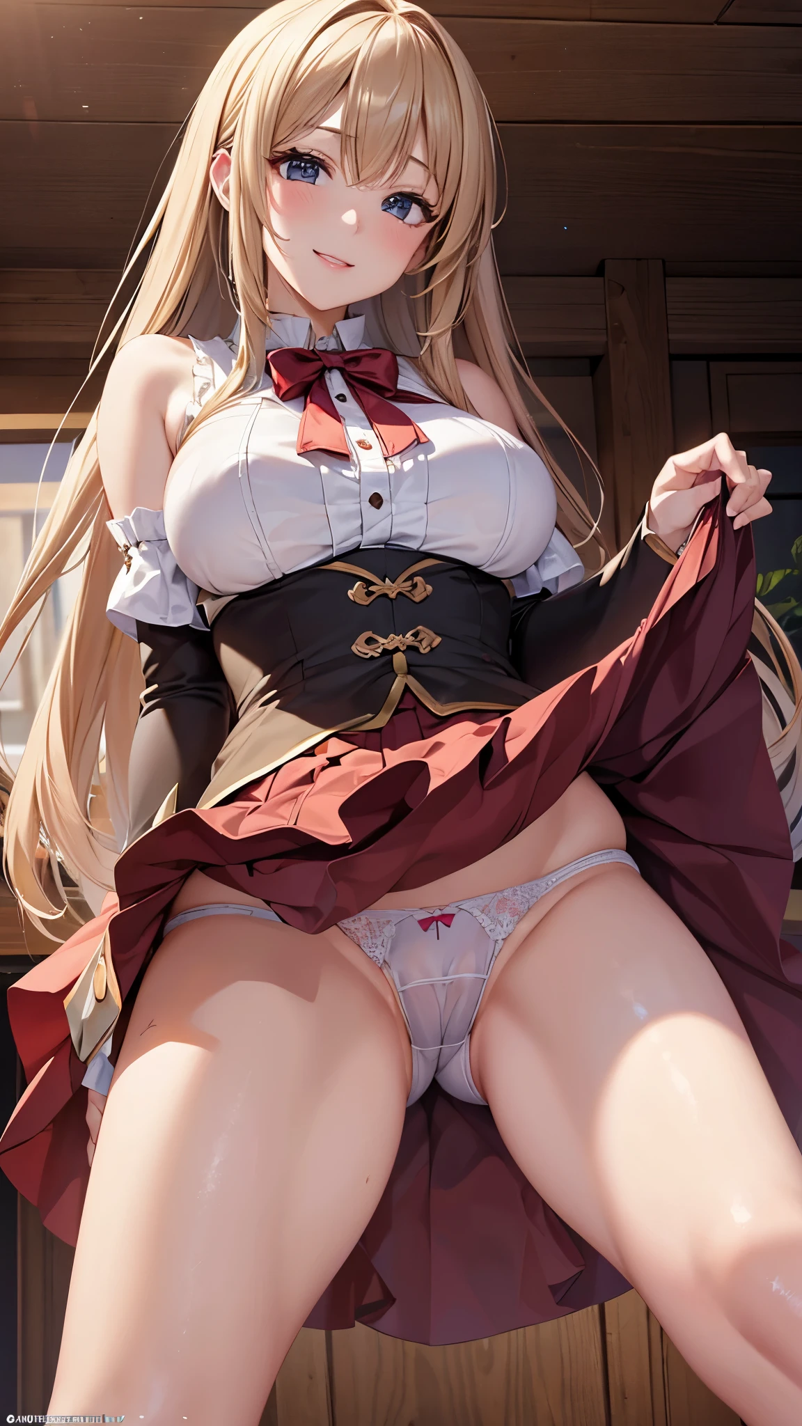 ((highest quality、High resolution、Highly detailed CG Unity 8K wallpaper))、detailed face、perfect body、unparalleled beauty、beautiful 、open your legs、Embarrassing erotic ((She lifts up her skirt and shows her panties))