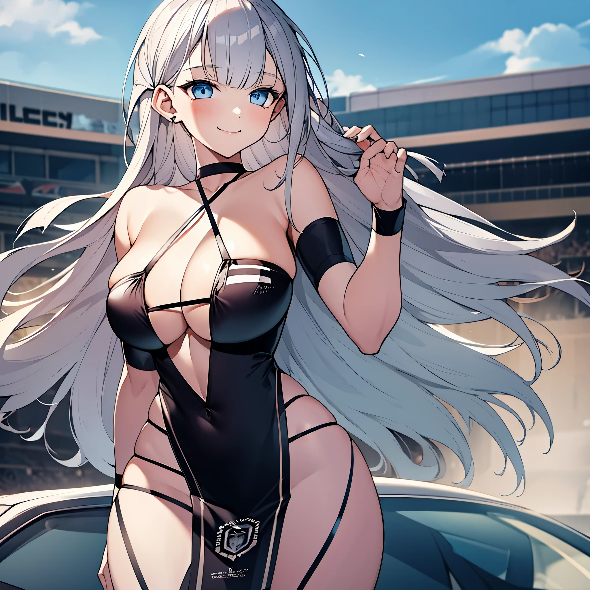 A woman with silver hair, faint blue eyes, wearing a black race queen uniform, big breasts, on a race track, smile, race flag, ultra resolution, very detailed, masterpiece, perfect quality, 4k hd