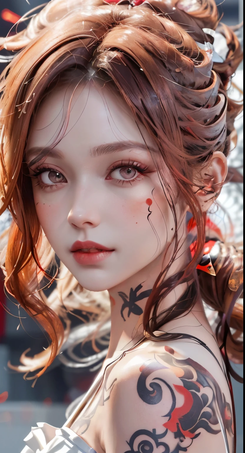 Modify hair only、Face）Reddish-brown hair，curls，ponytail，Nice bun，Perfect hairstyle，red headdress，red eyes，red eye，red pupils，Delicate and detailed eyes，clear eyes，Red eyes，huge ，tattoo，Extremely detailed CG unified 8K wallpaper，blurred background，realistic