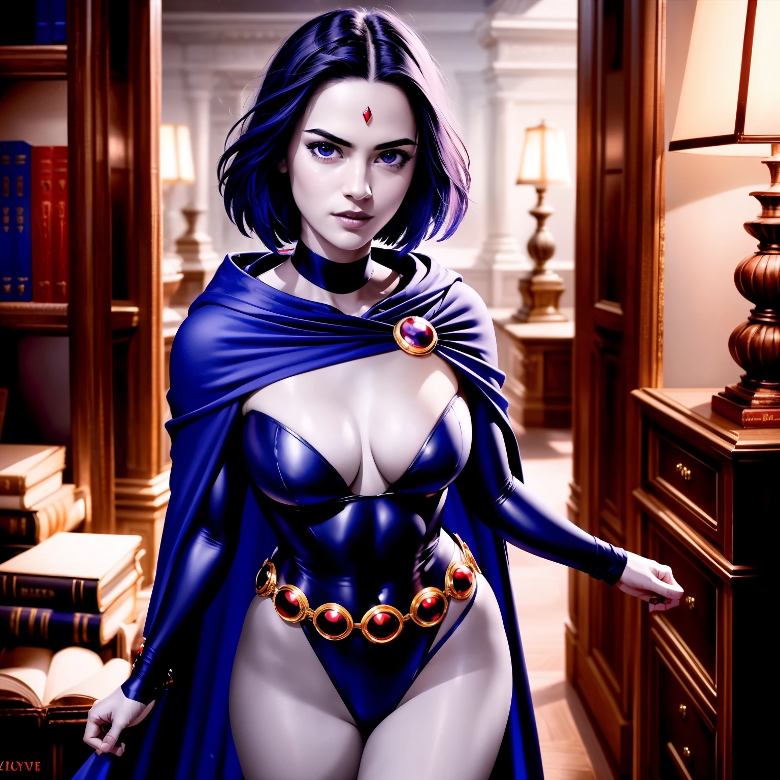 Raven from DC comics, (best quality,4k,8k,highres,masterpiece:1.2),ultra-detailed,realistic,portrait,beautiful detailed eyes,beautiful detailed lips,extremely detailed violet eyes and face,long eyelashes,sexy,medium:oil painting,glowing light grey skin,flowing short hair,radiant smile,raven in a library,standing,confident pose,stunning curves,vivid colors,dramatic lighting,moody background,striking composition, blue cape, cloak clasp, ((full body black leotard:0.2)),belt.