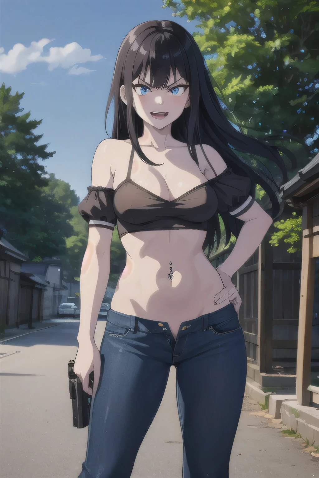 Touko, woman, long hair, black hair, dark blue eyes, red lipstick, large , , evil smile, angry eyes, outdoors, path through the village, east asian architecture, small japanese village, masterpiece,high quality,4k, shoulder,belly,crop top,outdoor,cleavage,jeans,casual
dress,street,road,smile, open mouth, () , holding a gun,handgun, evil expression,
exposed belly, exposed navel, exposed midriff, exposed lower belly, crop top overhang, underboob,
unbuttoned jeans , low rise black jeans, Low rise jeans, Low rise jeans with open fly, navel piercing