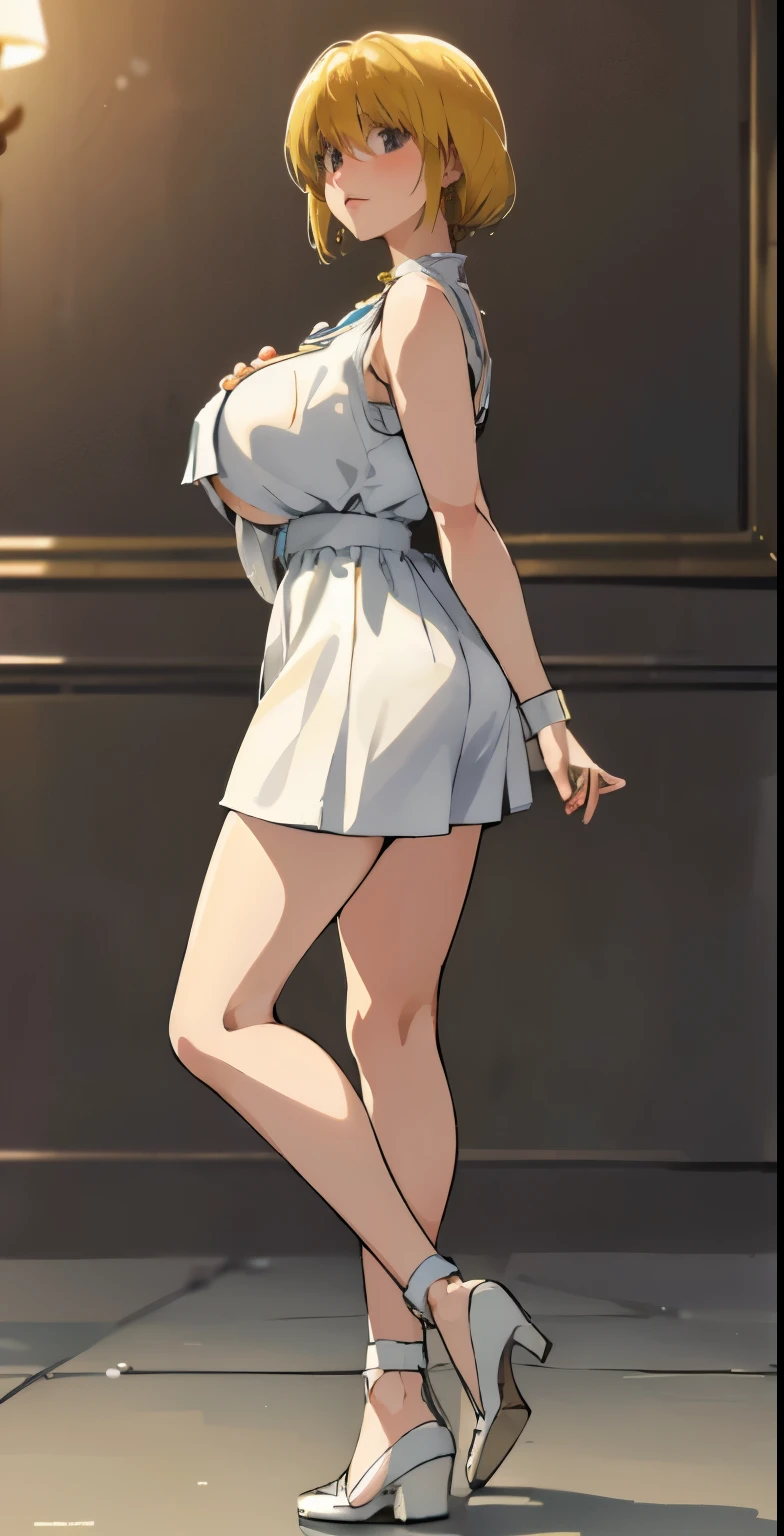 ((masterpiece)), high quality, Super detailed, blonde hair + white clothes: 1.2, sweet and delicate girl, ball jointed doll, delicate features, perfect figure, face decorated with pearls, surrounding bubbles, bright bright colors, romantic bob hair, Natural light, warm and sweet,, gorgeous hair ornament.30year old, kurapika, brown eyes, blonde hair, bob hair, (long tits:1.2), (huge tits:1.1), (saggy tits:1.2), (big ass:1.1),earrings glossy lips,burumashorts,)