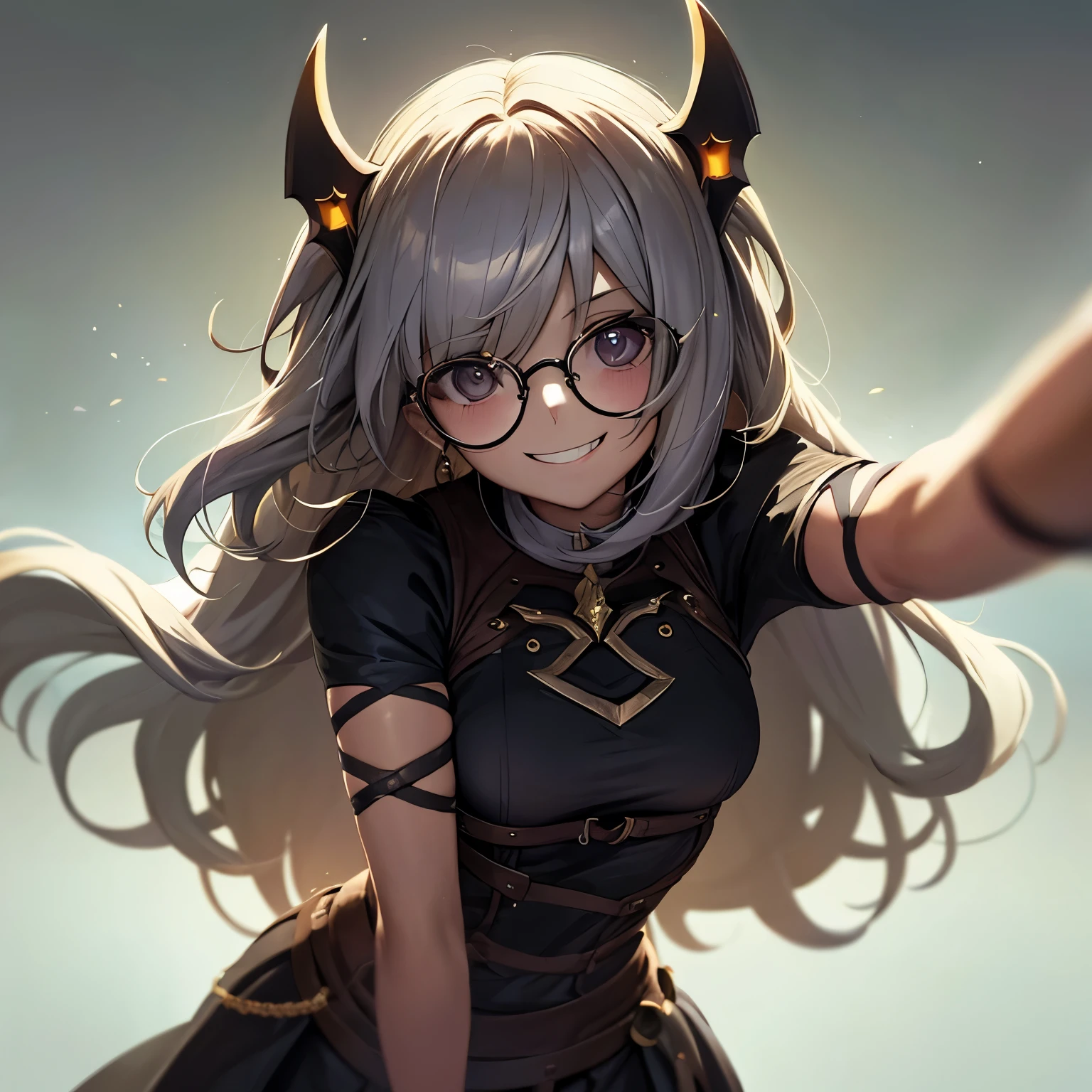A girl in dark round glasses with a scary smile, dentes de prata e cabelo preto com mechas vermelhas.