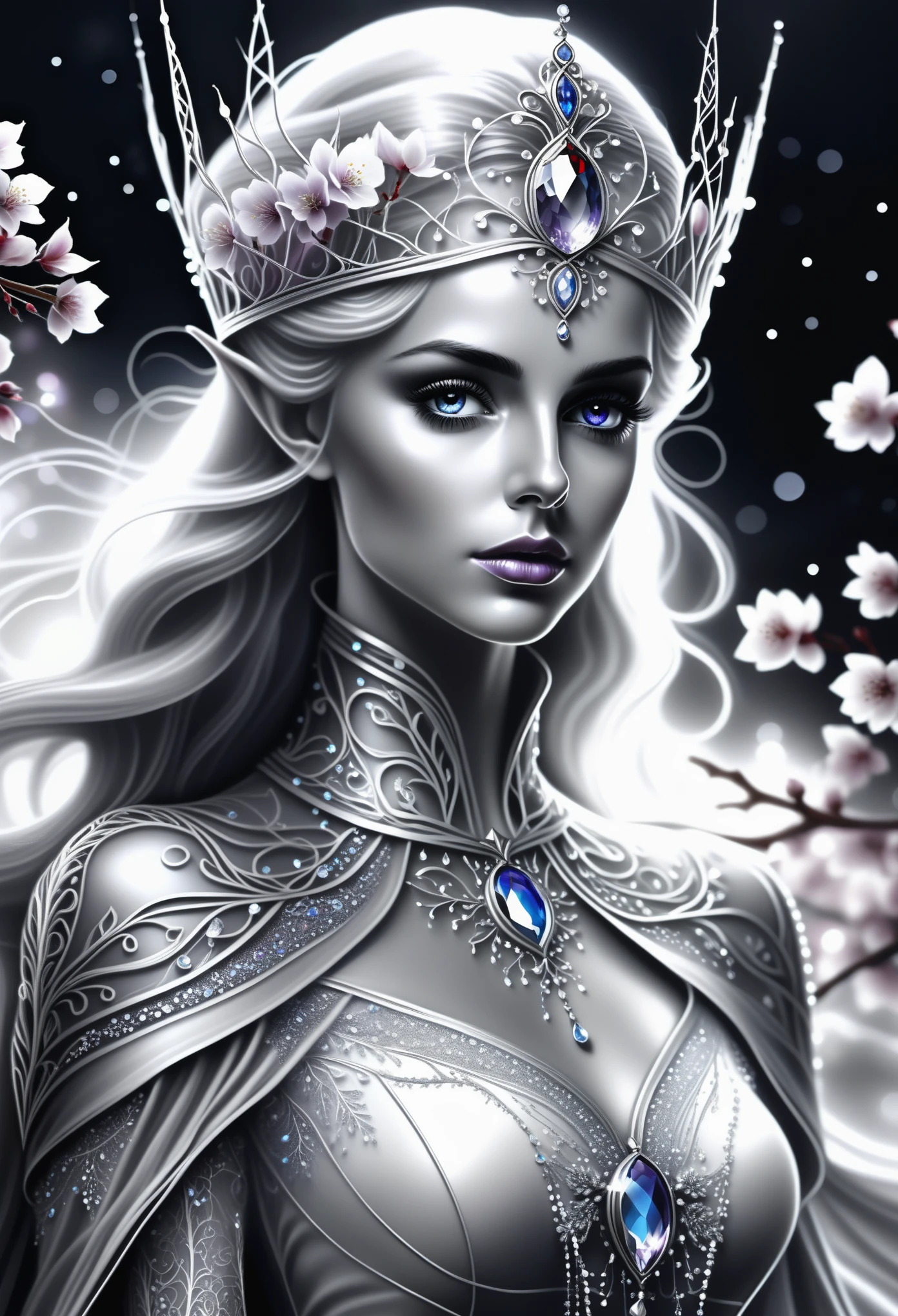 (Pencil_Sketch:1.2, messy lines, greyscale, traditional media, sketch),(full body portrait:1.5), (Far focus design:1.5), An elf queen, High-level elf noble clothing, Proud, shy, bell, Triple crown, Glowing white pupils, Eyes look toward central focus, wrapped in lilac metallic canvas, Exuding an aura of dark fantasy and hatred, Intricate and exquisite details, Highlight thin strokes, dark rich color palette, Black, Red, white, blue, Added to enhance the overall ambience, Beautiful details glow, smooth and flawless, through double exposure technology, Hauntingly beautiful mist shrouding the landscape, Delicate crystal structure sparkles, ethereal light, Soft baby pink cherry blossoms, Exquisite carpet floor, Optical fiber thin fibers add touch, Intricate and mysterious, nose blush, rococo style, high detail, Conceptual art, UHD, anatomically correct, super detail, best quality, 8k