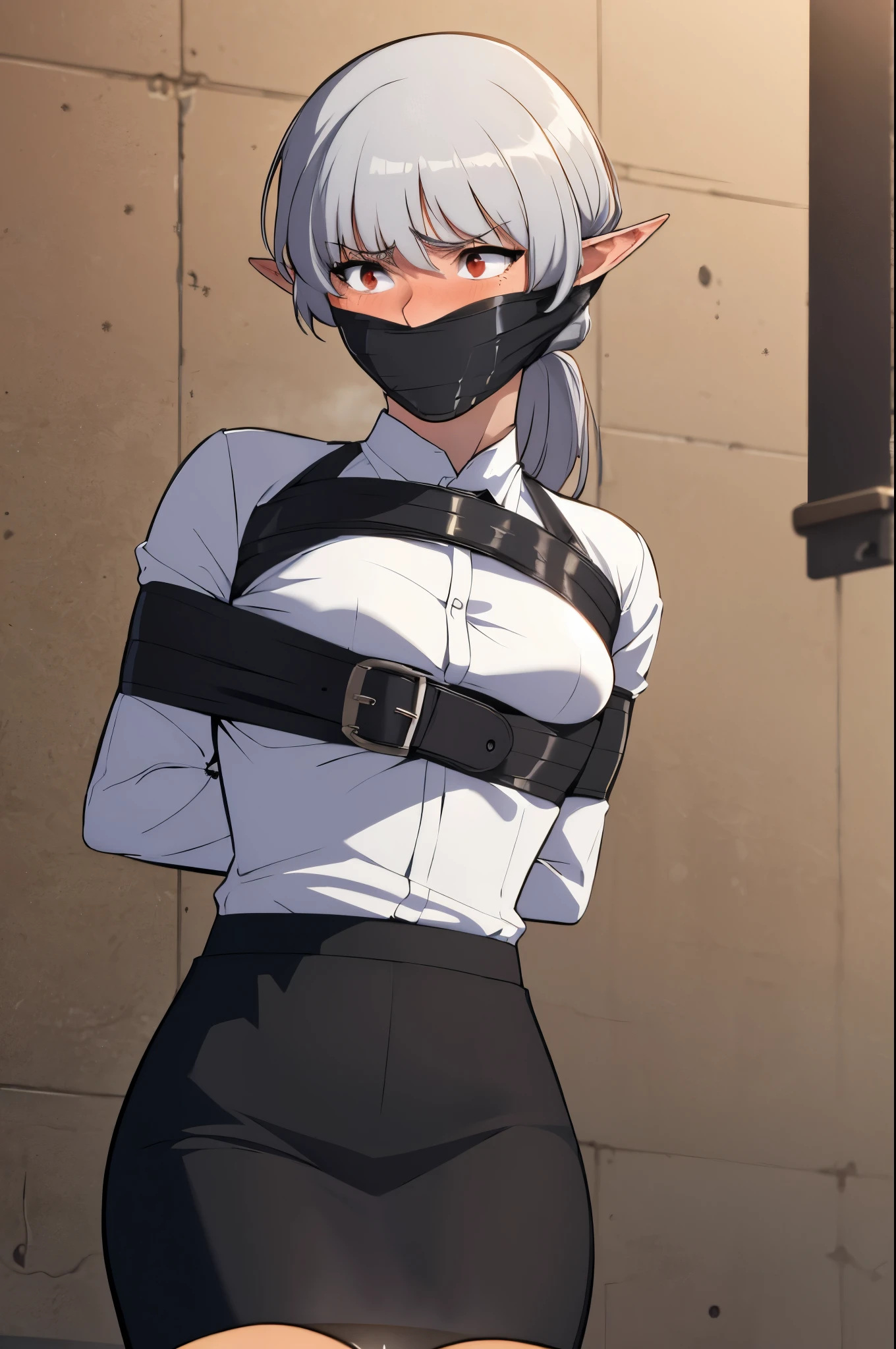 1 girl, ponytail, improvised gag, tape gag, gagged, duct tape, tape bondage, arms behind back, bound arms, shirt, skirt, blush,alice,vampire,grey hair, long hair, red eyes, pointy ears, small breasts.