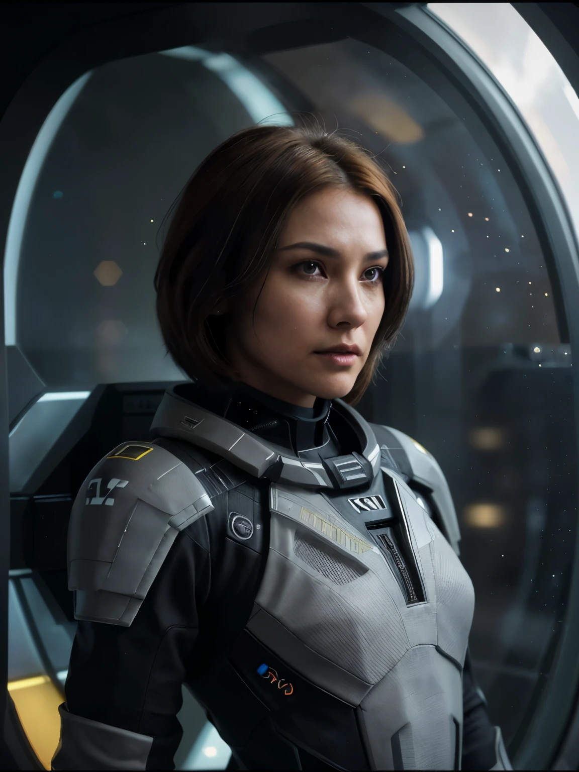 fking_scifi, award-winning photo of a man, black flight suit with yellow accents, brown hair, (gray eyes:1.35), square jawline, asymmetric face, standing in front of a window on a space ship, 80mm, bokeh, mass effect, close up, fking_cinema_v2