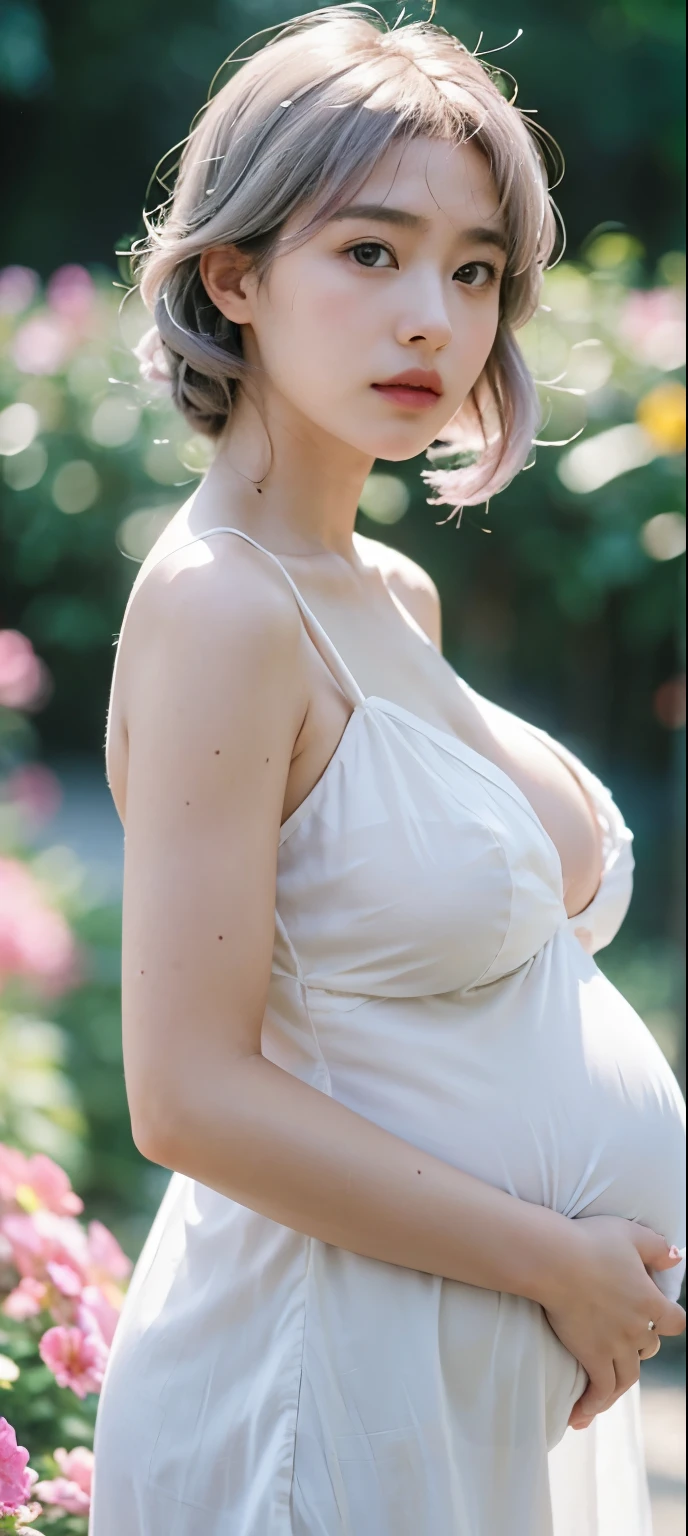 detail, Realism, 4K, , detail in face, Big yellow eyes, Plump lips, Upturned nose, Gray hair with pink hair, wears a white dress, A rabbit in his hand, Flowers in the background, White butterfly in the foreground, Realistic shooting, Depth of field, Soft front light, Glow, hdr (pastel colour: 1.2), Canon RF 100mm F2.8L Hiroshi IS USM,huge tit,crisp breasts,Big breasts,cleavage,(huge pregnant), 40 weeks pregnant, overdue pregnant, a plump buttocks,Cocked buttocks,Toned abs