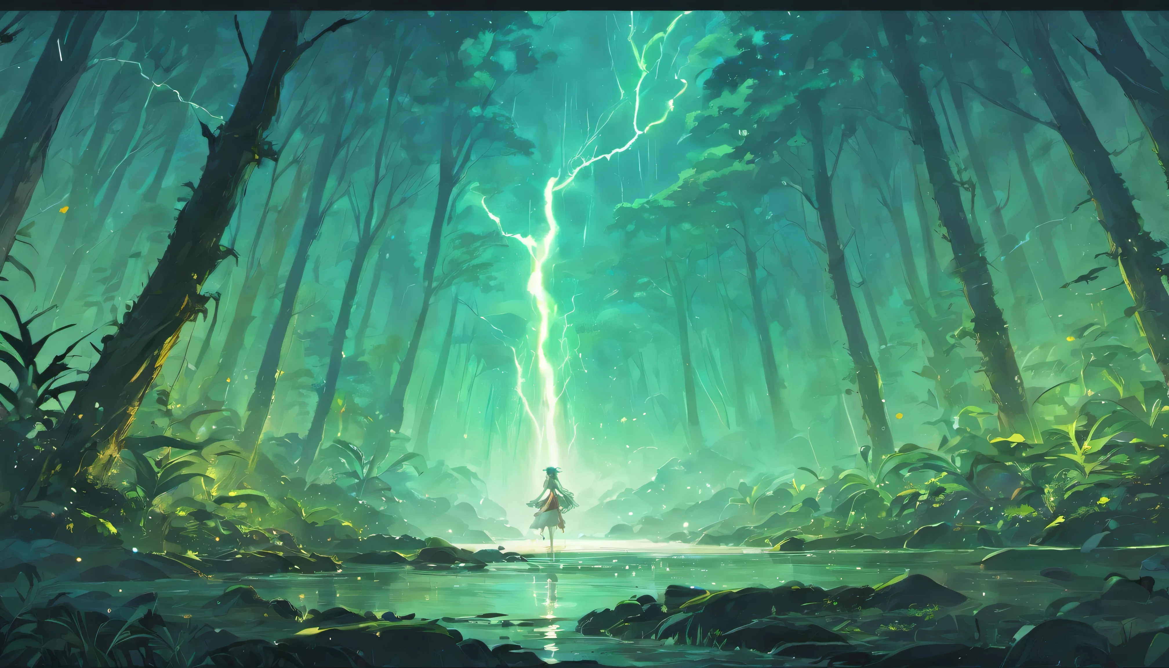 Design an image depicting an intense night storm scene over an ancient rainforest. The sky above is a canvas of chaotic beauty, with lightning bolts illuminating the dense canopy below. Each flash reveals the rich, wet leaves of towering trees and the intricate ecosystem that thrives under their shelter. The storm's fury is juxtaposed with the enduring calm of the forest, highlighting the timeless dance between nature's tempests and the tranquility of the ancient woodlands. Include the occasional glimpse of a waterfall or river, its waters surging in response to the downpour, adding to the scene's dynamic beauty.