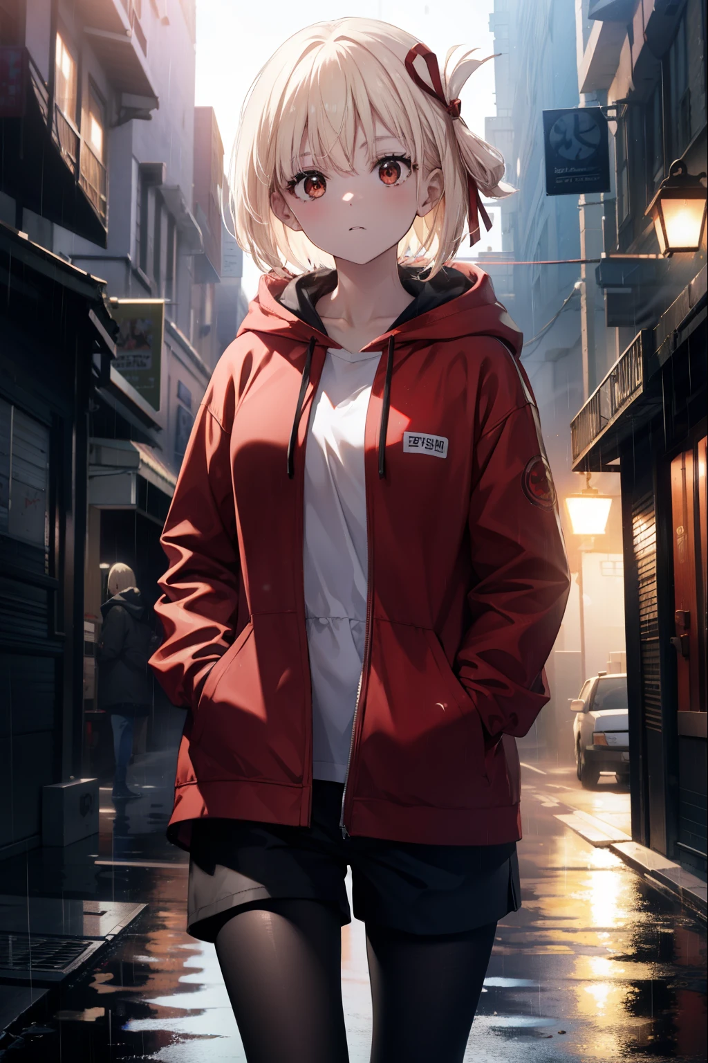 chisatonishikigi, nishikigi chisato, short hair, bangs, blonde hair, (red eyes:1.5), hair ribbon, one side up, bob cut,oversized red hoodie　hood up,Cover your mouth with a red mask,shorts,black pantyhose,Both hands are in the pockets of the hoodie,walking,rain,cloudy sky,puddle,
break outdoors, In town,building street,
break looking at viewer, (cowboy shot:1.5),
break (masterpiece:1.2), highest quality, High resolution, unity 8k wallpaper, (figure:0.8), (detailed and beautiful eyes:1.6), highly detailed face, perfect lighting, Very detailed CG, (perfect hands, perfect anatomy),