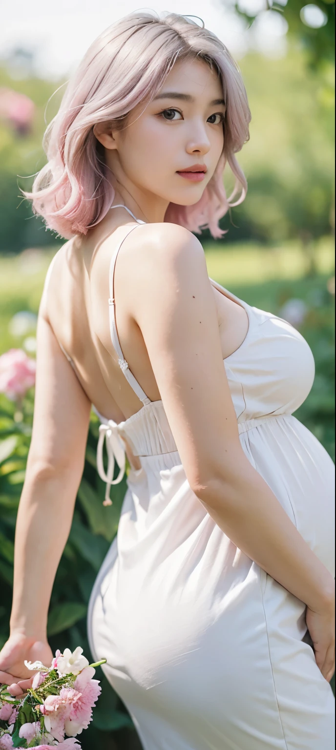 detail, Realism, 4K, -yeld gi detail in face, Big yellow eyes, Plump lips, Upturned nose, Gray hair with pink hair, wears a white dress, A rabbit in his hand, Flowers in the background, White butterfly in the foreground, Realistic shooting, Depth of field, Soft front light, Glow, hdr (pastel colour: 1.2), Canon RF 100mm F2.8L Hiroshi IS USM，huge tit，crisp breasts，Big breasts，cleavage，(huge pregnant), 40 weeks pregnant, overdue pregnant, a plump buttocks，Cocked buttocks，Toned abs