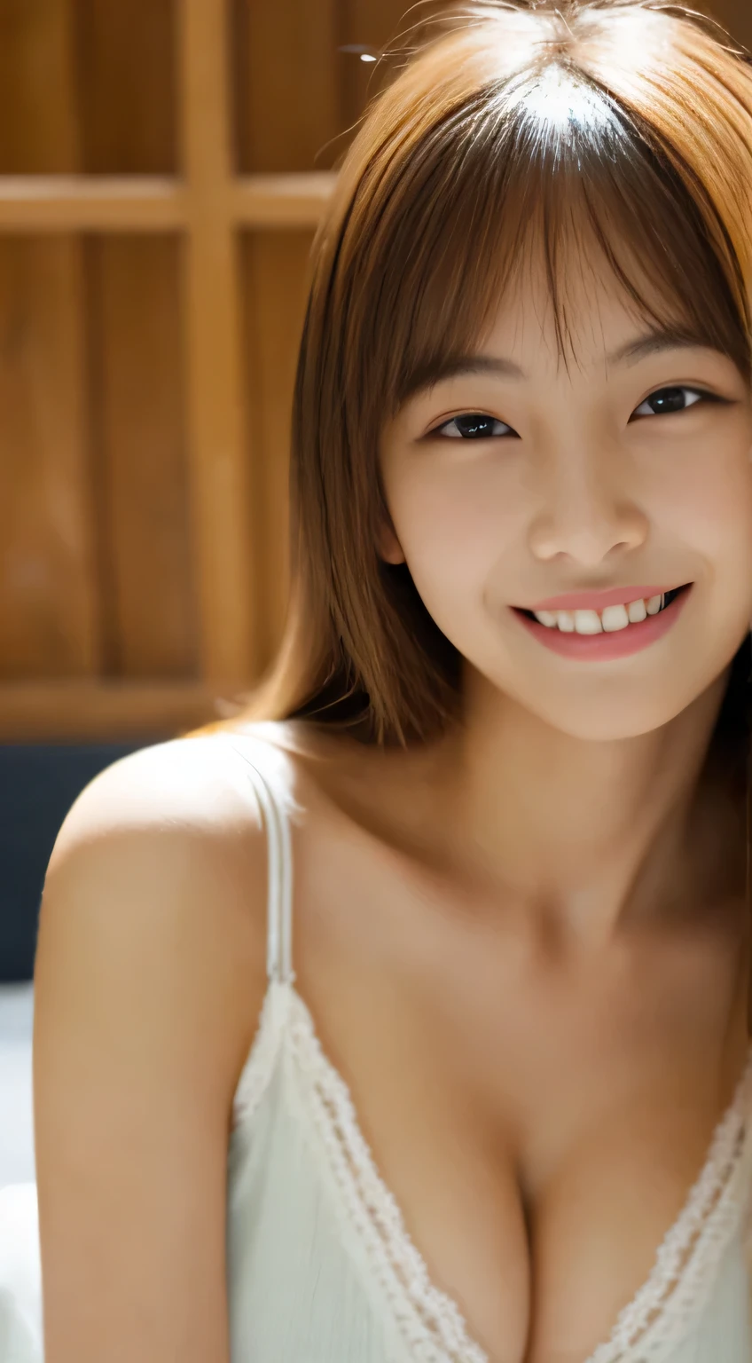 masterpiece,best quality,(Japanese ),((Beautiful girl)),cleavage,indoor,(perfect body beauty:1.2),(shy smile),beautiful teeth,