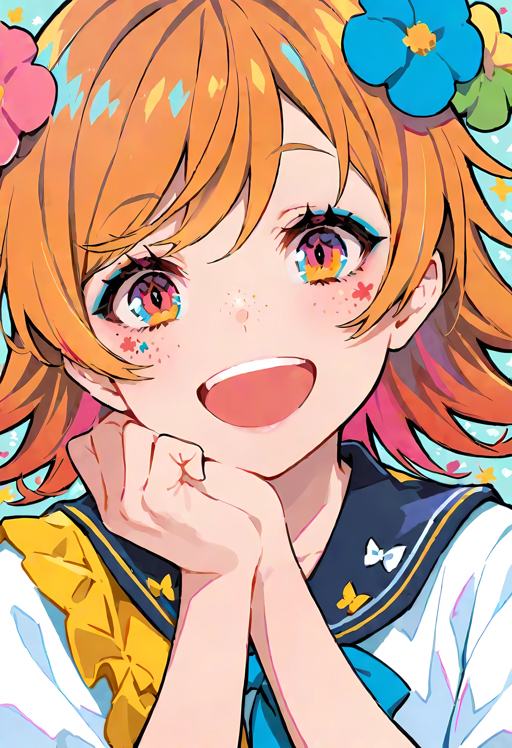 Super super happy and cute  girl, Freckles and ginger hair, holding her cheek