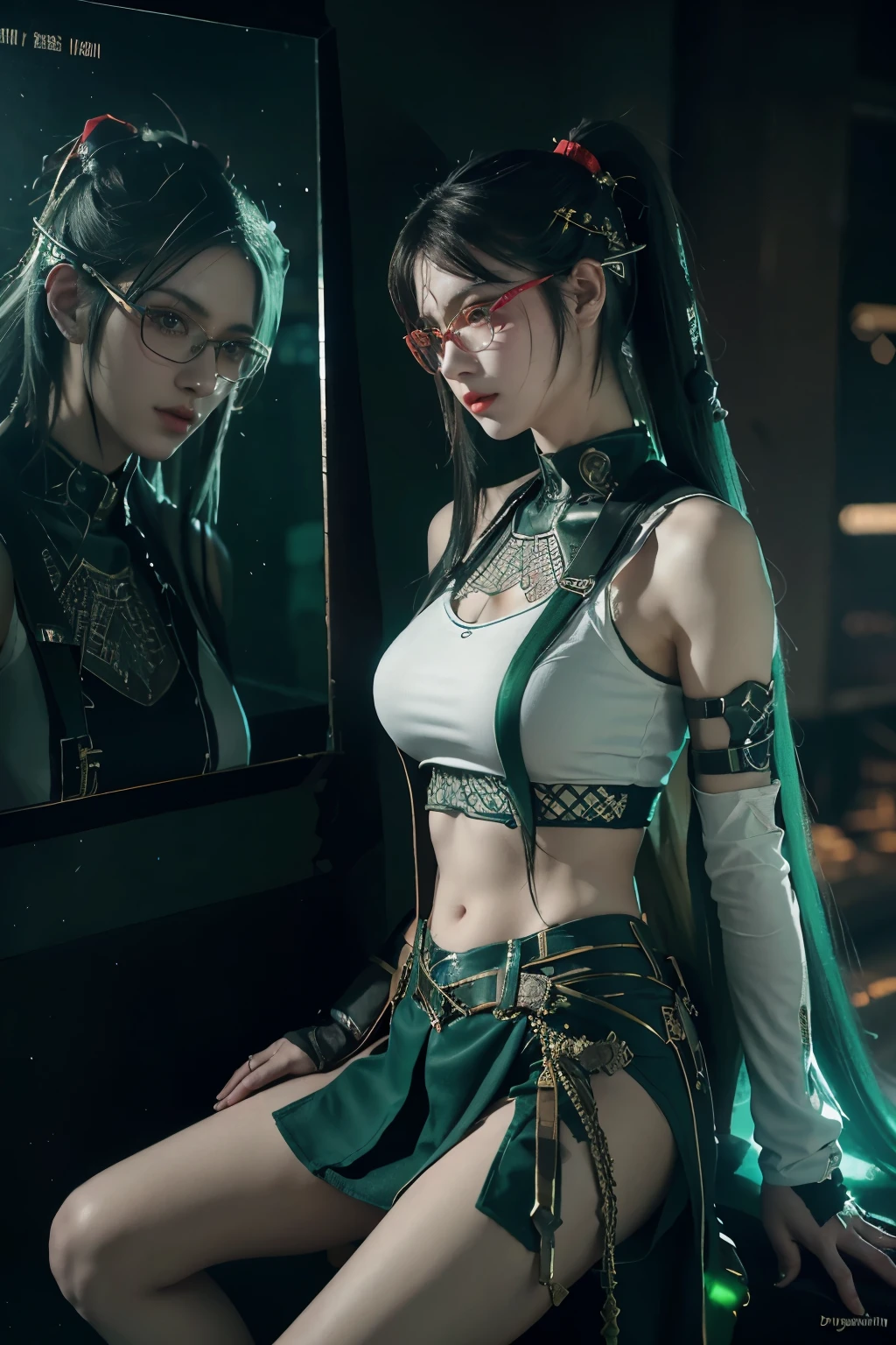 tmasterpiece,Best quality,A high resolution,8K,(Portrait photograph:1.5),(ROriginal photo),real photograph,digital photography,(Combination of cyberpunk and fantasy style),(Female soldier),20 year old girl,long ponytail hair,By bangs,black color hair,(Red eyeigchest, accessories,Redlip,(He frowned,Sneer),(Cyberpunk combined with fantasy style clothing,Openwork design,joint armor,Hologram glasses,Combat uniforms,White clothes,green color),exposing your navel,Photo pose,Realisticstyle,white backgrounid,oc render reflection texture