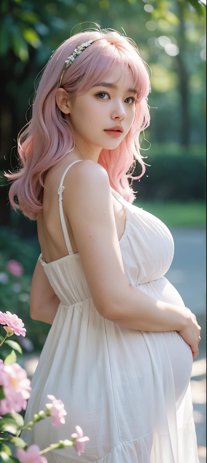 detail, Realism, 4K, 15-year-old girl, detail in face, Big yellow eyes, Plump lips, Upturned nose, Gray hair with pink hair, wears a white dress, A rabbit in his hand, Flowers in the background, White butterfly in the foreground, Realistic shooting, Depth of field, Soft front light, Glow, hdr (pastel colour: 1.2), Canon RF 100mm F2.8L Hiroshi IS USM,huge tit,crisp breasts,Big breasts,cleavage,(huge pregnant), 40 weeks pregnant, overdue pregnant, a plump buttocks,Cocked buttocks,Toned abs