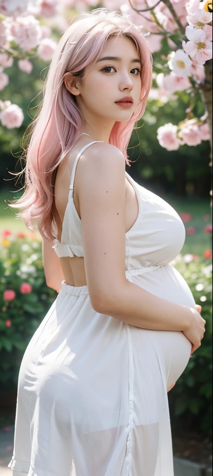 detail, Realism, 4K, 15-year-old girl, detail in face, Big yellow eyes, Plump lips, Upturned nose, Gray hair with pink hair, wears a white dress, A rabbit in his hand, Flowers in the background, White butterfly in the foreground, Realistic shooting, Depth of field, Soft front light, Glow, hdr (pastel colour: 1.2), Canon RF 100mm F2.8L Hiroshi IS USM，huge tit，crisp breasts，Big breasts，cleavage，(huge pregnant), 40 weeks pregnant, overdue pregnant, a plump buttocks，Cocked buttocks，Toned abs