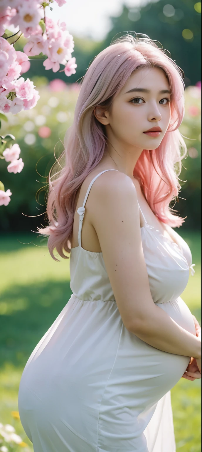 detail, Realism, 4K, 15-year-old girl, detail in face, Big yellow eyes, Plump lips, Upturned nose, Gray hair with pink hair, wears a white dress, A rabbit in his hand, Flowers in the background, White butterfly in the foreground, Realistic shooting, Depth of field, Soft front light, Glow, hdr (pastel colour: 1.2), Canon RF 100mm F2.8L Hiroshi IS USM，huge tit，crisp breasts，Big breasts，cleavage，(huge pregnant), 40 weeks pregnant, overdue pregnant, a plump buttocks，Cocked buttocks，Toned abs
