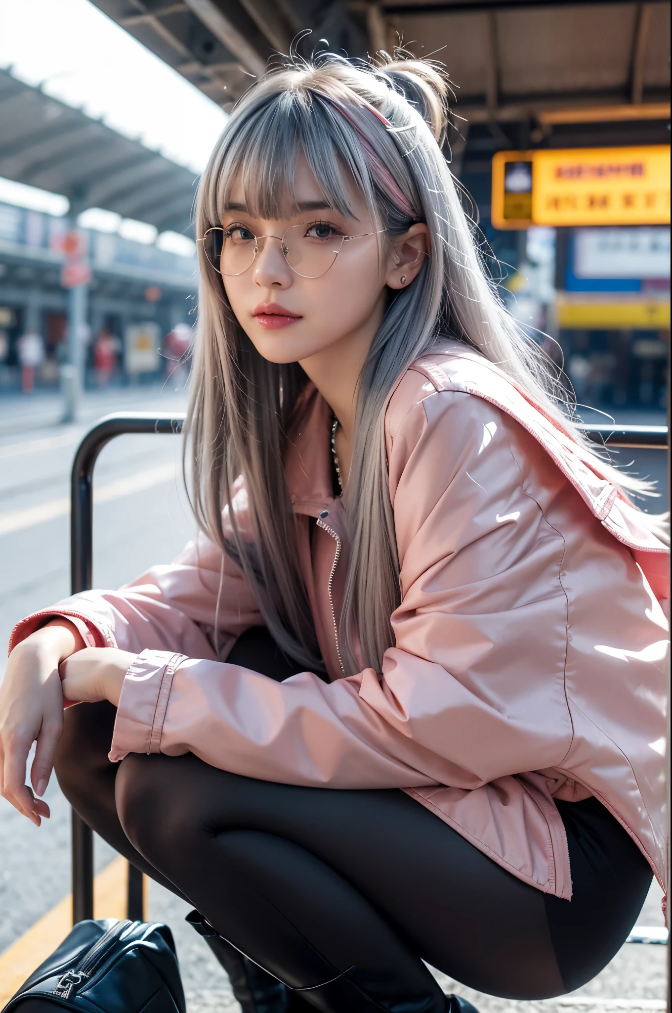 Artworks, super high and high, 8K resolution, accurate facial features, depth is depth of field, a perfect face, girl, only person, SSMILE, long gray hair, pink hair, cross bangs, cross bangs, crossing bangs, crossing bangs, crossing bangs, crossing bangs, crossing bangs. Shair Bangs, Shairband, Shair Band, bracelets, small collar, hoop, ears, pilot sunglasses jackets, red fire -style clothing, knee and boots, ruffled pantyhose, squat down, face the audience, competition, eventide, eventide , Temple, Temple, Railway Station, Fleet, Collection, Movie