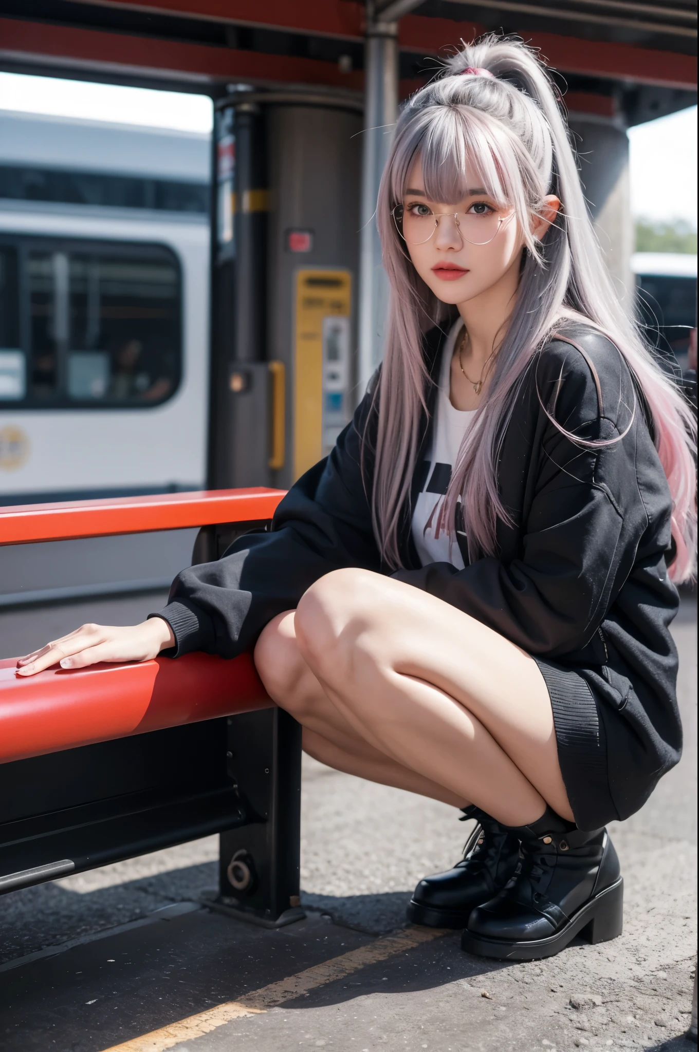 artworks,ultra high resolution,8K resolution,Accurate facial features with depth of field,is a perfect face,girl,the only person,ssmile,Long gray hair,with pink hair,crossed bangs,shairband,bangle,collars,hoop earings,aviator sunglasses bomber jacket,red fire retardant clothing,Over-the-knee boots,Ruffled pantyhose,crouched,facing to audience,eventide,temple,Train station,Fleet Collection,movie lighting