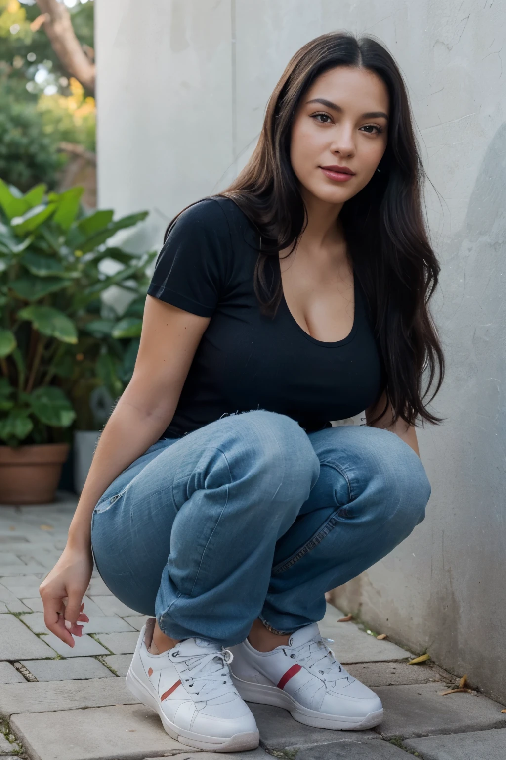 (Best quality, Ultra-detailed: 1.1), Full body image of a Milf vtuber, radiant and alluring, with long black hair, seductive smile, closed mouth, plump red lips, wearing a simple black T-shirt, blue denim jeans, and stylish blue Nikke sneakers. Her youthful and playful demeanor is captured in this ultra-realistic and engaging portrait. (Photorealistic: 1.5), High resolution, detailed skin texture, (subtle sweat: 0.3), subtle shadows and highlights, voluptuous curves, ( realistic wrinkles: 0.2), revealing the natural beauty of the Mil