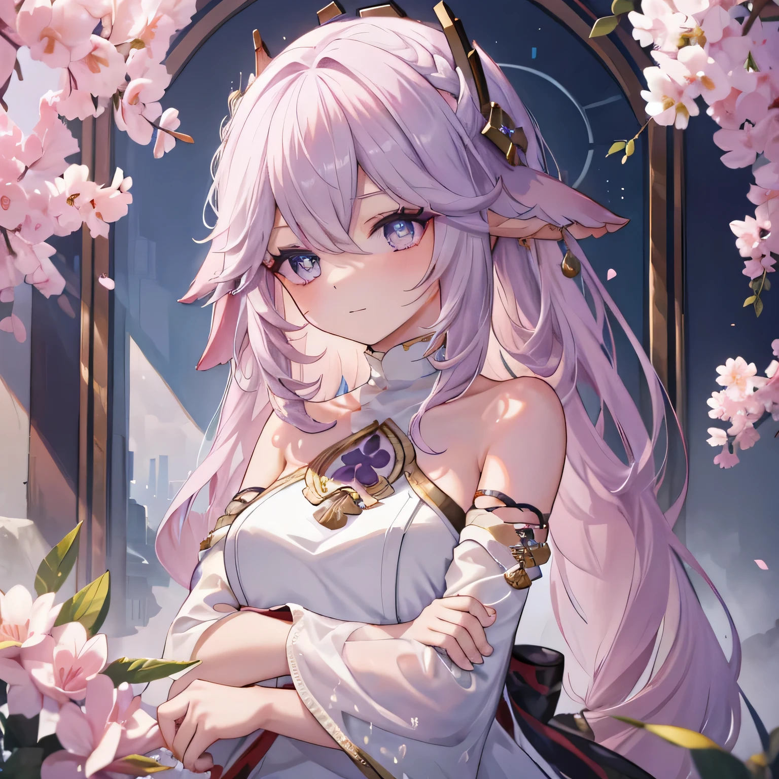 outdoors in a quiet atmosphere, The table top is、Serves as a stunning 8K wallpaper background with the highest quality and detail。. This scene features one attractive girl, Identified as Helena from the world of Azur Lane, Bathed in natural light、cast a captivating gaze on the viewer.

Helena wears a beautiful strapless dress, Bright white fabric decorated with intricate layers and graceful pleats, symbolizes her delicate and fantastical nature. her eyes, enchanting purple hue, Shining with an uncontrollable inner glow.

her hair dregs