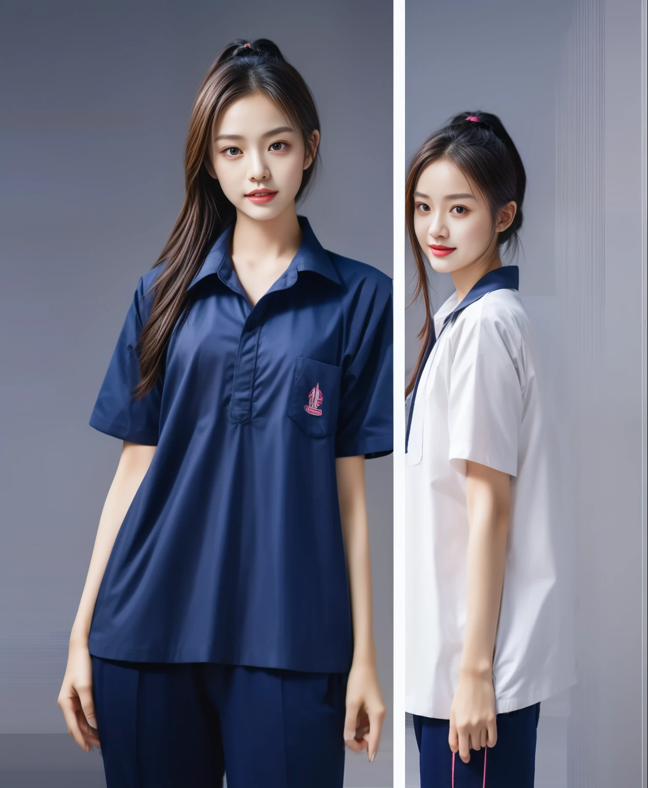 (best quality,10,10,height,Masterpiece:1.2),Special details,(realistic,ภาพrealistic,Realistic photos:1.37),1 Cute girl in the kitchen,shiny, ผิวshiny,only,smile softly,BDclothelue shirt:1.3)),short sleeve,shirt, กางเกงขาlong.,(navy_long_track pants:1.1), ((Kitchen Background)),Dynamic angle,excited,Face focus,dynamic poses,from behind,focus on ass,Masterpiece, best quality, ultra realistic, Too many details, 8k resolution, raw photos, Sharp focus, ((Navy blue shirt:1.1)), short sleeve, เส้นทางlong, perfect body, 2 mature women, 18 years old, Cinema-grade lighting system,blue sweatpants,shirtผ้าออกกำลังกาย,correct anatomy,perfect body, correct body, Sharp face, correct bodyทางกายวิภาค, full body, realistic gestures, long-haired, realistic poses,Wear long shorts...........................,ช่วงขาlong,Good shape,carved girl, Slender figure, model, Good shape, beautiful body,blue sweatpants, two girls kissing