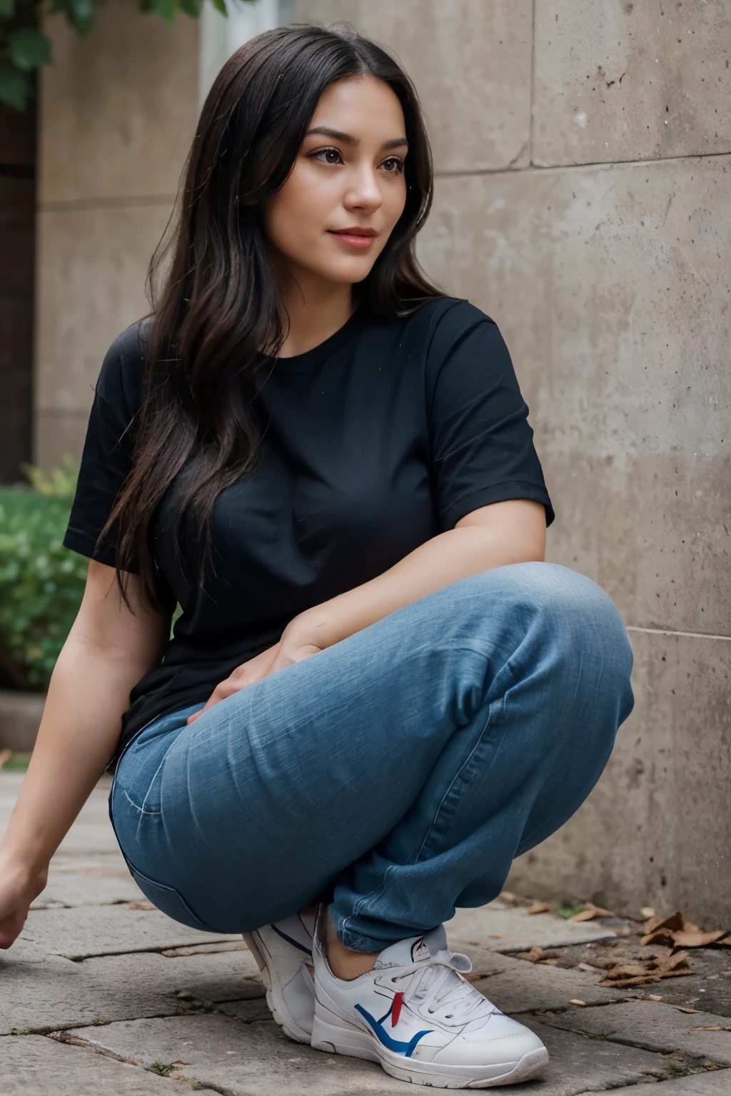 (Best quality, Ultra-detailed: 1.1), Full body image of a Milf vtuber, radiant and alluring, with long black hair, seductive smile, closed mouth, plump red lips, wearing a simple black T-shirt, blue denim jeans, and stylish blue Nikke sneakers. Her youthful and playful demeanor is captured in this ultra-realistic and engaging portrait. (Photorealistic: 1.5), High resolution, detailed skin texture, (subtle sweat: 0.3), subtle shadows and highlights, voluptuous curves, ( realistic wrinkles: 0.2), revealing the natural beauty of the Mil