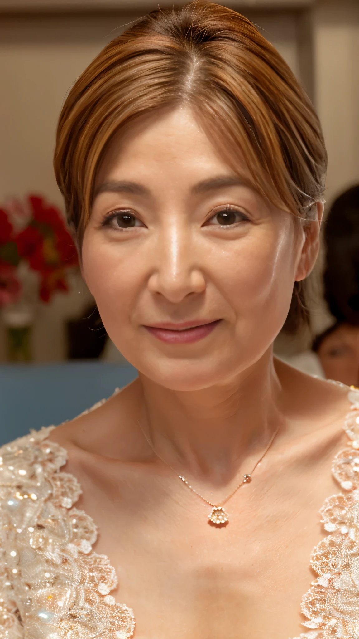 (Masterpiece:1.2), high definition, high quality,(60-year-old woman:1.2)、(Wrinkles on the face:1.2)、Beautie,Princess dress, Puffy sleeves,Big breasts,smile,