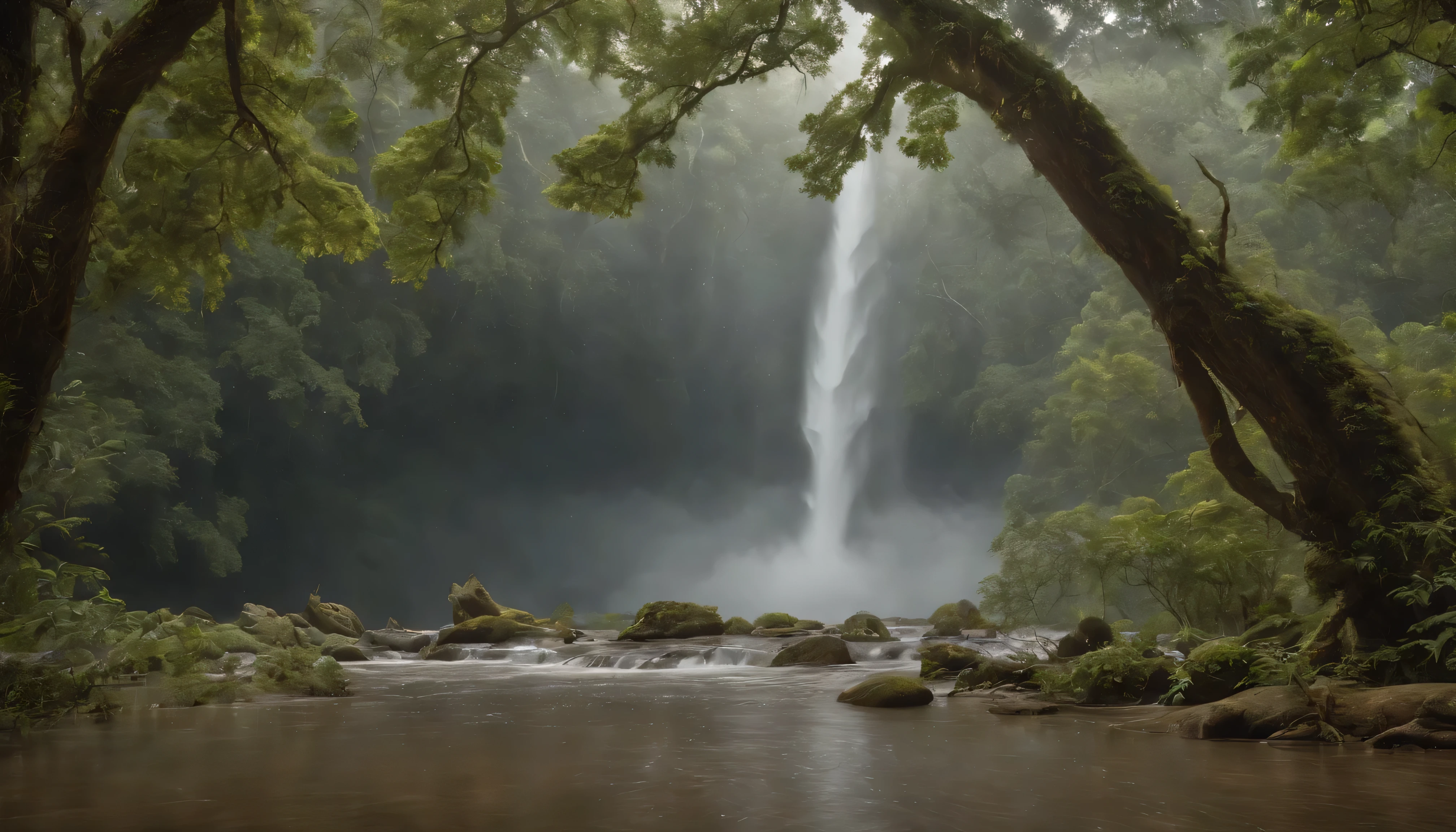 Design an image depicting an intense night storm scene over an ancient rainforest. The sky above is a canvas of chaotic beauty, with lightning bolts illuminating the dense canopy below. Each flash reveals the rich, wet leaves of towering trees and the intricate ecosystem that thrives under their shelter. The storm's fury is juxtaposed with the enduring calm of the forest, highlighting the timeless dance between nature's tempests and the tranquility of the ancient woodlands. Include the occasional glimpse of a waterfall or river, its waters surging in response to the downpour, adding to the scene's dynamic beauty.