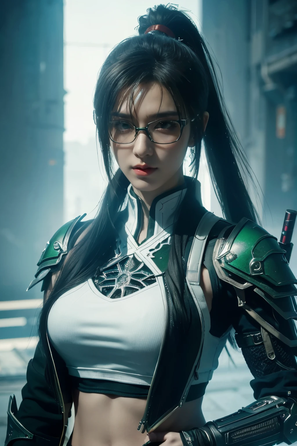 tmasterpiece,Best quality,A high resolution,8K,(Portrait photograph:1.5),(ROriginal photo),real photograph,digital photography,(Combination of cyberpunk and fantasy style),(Female soldier),20 year old girl,long ponytail hair,By bangs,black color hair,(Red eyeigchest, accessories,Redlip,(He frowned,Sneer),(Cyberpunk combined with fantasy style clothing,Openwork design,joint armor,Hologram glasses,Combat uniforms,White clothes,green color),exposing your navel,Photo pose,Realisticstyle,white backgrounid,oc render reflection texture