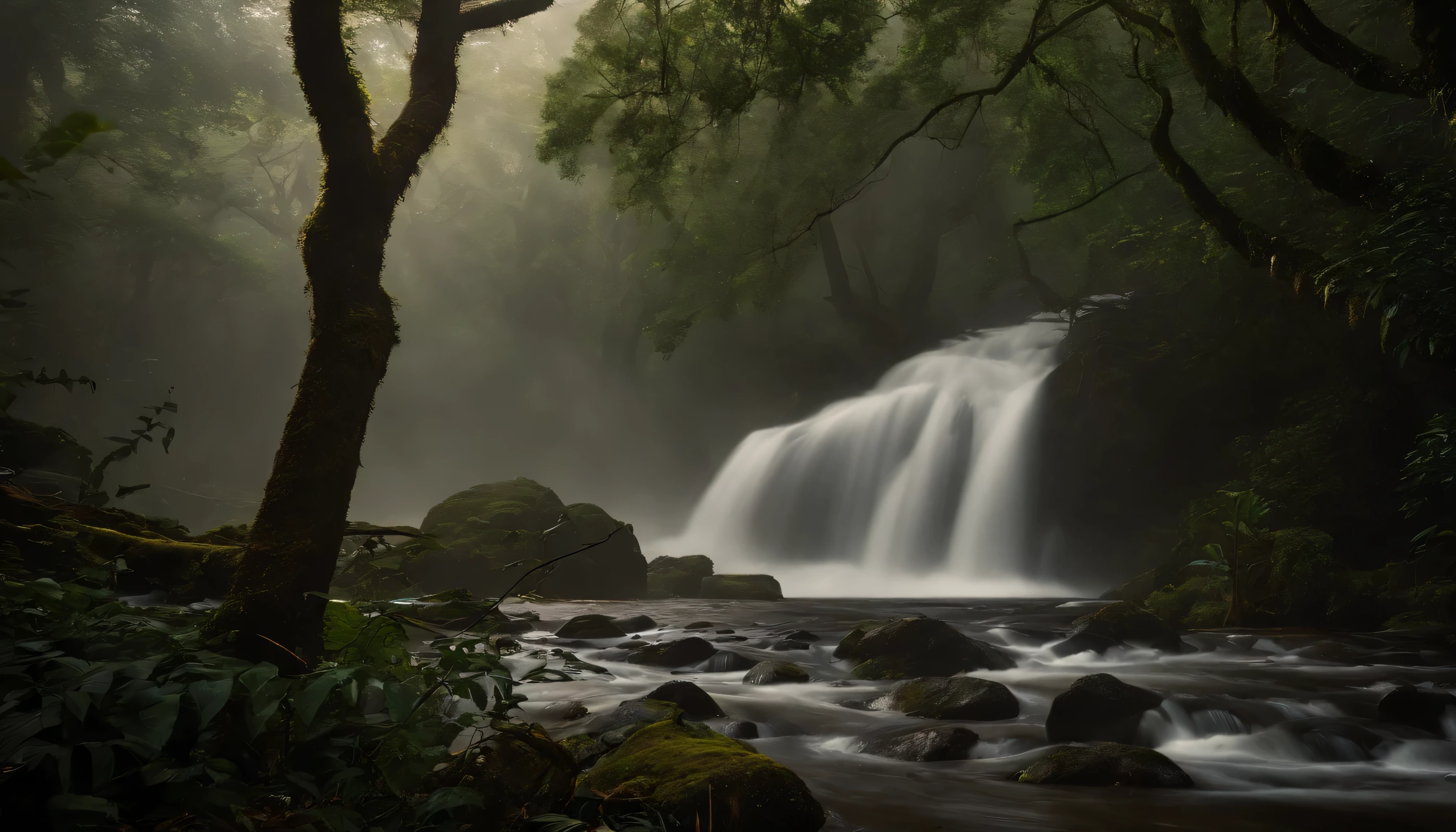 Design an image depicting an intense night storm scene over an ancient rainforest. The sky above is a canvas of chaotic beauty, with lightning bolts illuminating the dense canopy below. Each flash reveals the rich, wet leaves of towering trees and the intricate ecosystem that thrives under their shelter. The storm's fury is juxtaposed with the enduring calm of the forest, highlighting the timeless dance between nature's tempests and the tranquility of the ancient woodlands. Include the occasional glimpse of a waterfall or river, its waters surging in response to the downpour, adding to the scene's dynamic beauty.