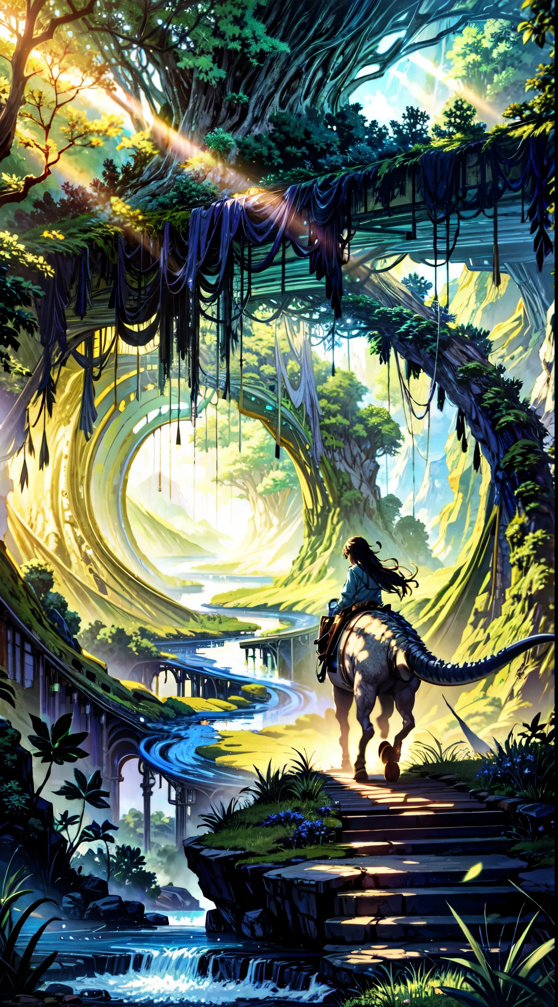 person, riding on a dinosaur, prehistoric jungle, ancient, winding trails, mystery, style art incorporating elements of makoto shinkai, studio ghibli, genshin impact, james gilleard, greg rutkowski, chiho aoshima, golden ratio composition, enhanced with pixiv fanbox trends, acrylic palette knife textures, golden ratio, trending