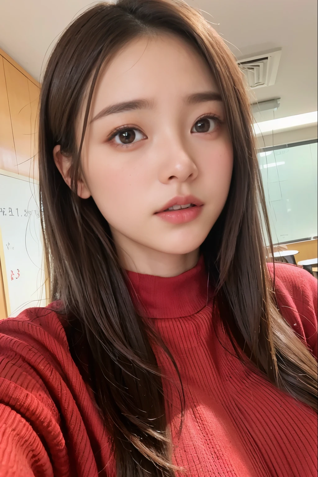 Random pose、top quality、ultra high resolution、(Realism:1.5)、1 girl、red sweater、(brown hair:1.2)、(Big breasts:1.2)、‎Classroom、looking at the audience、close up、Whole BodyEsbian、nasty eyes