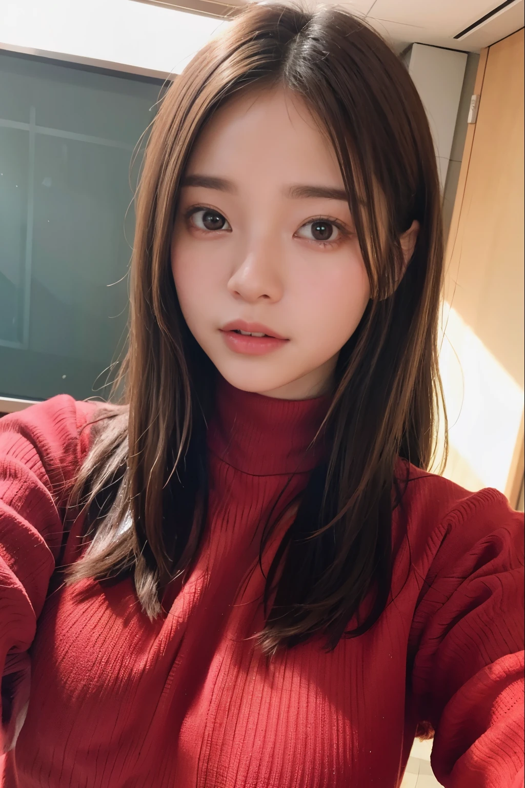 Random pose、top quality、ultra high resolution、(Realism:1.5)、1 girl、red sweater、(brown hair:1.2)、(Big breasts:1.2)、Classroom、looking at the audience、close up、Whole BodyEsbian、nasty eyes