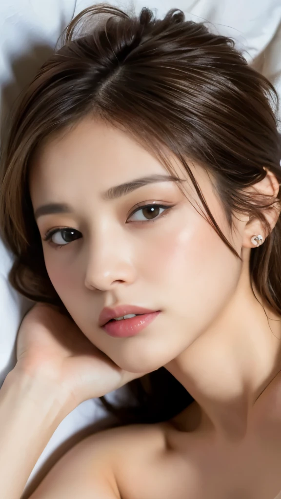((best quality, 8k, masterpiece: 1.3)), 1 girl, Slim Abs Beauty: 1.3, ( Casual and cute hairstyle: 1.2), : 1.1, Charismatic face, Detailed eyes, double eyelids,short hair, With earrings, bedroom, Light makeup,very angry, ((Medium breasts nude, cute breasts)), (Lying in bed), (The portrait was taken from above her lying body)