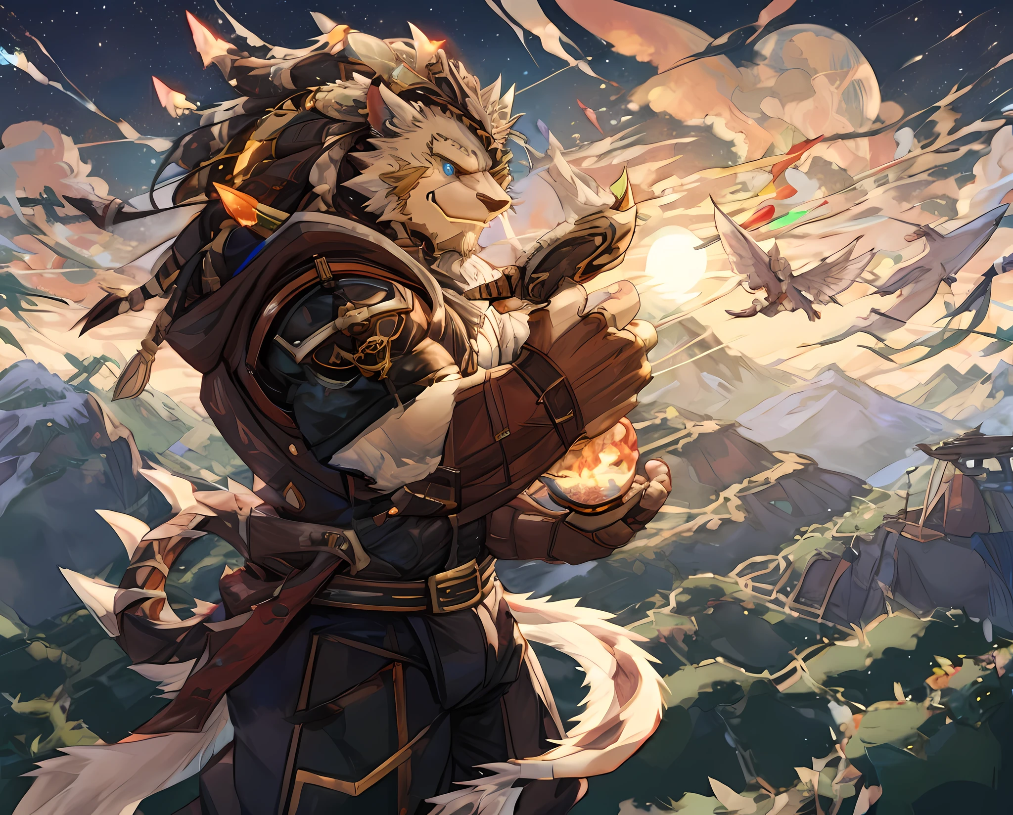 Anthropomorphic, (Solo), Anthro male, Single, Male, Lonenly, 50 years old, colorful, Full of Nature forest, Demacia, Perfect scaling, Masterpiece, Landscape, Scale of view, Beautiful atmosphere, by Zixiong, (in the sky), Hunter, Hunting Position, Souvenir collector, on the forest, Hunter instinct, Spoils of the hunt