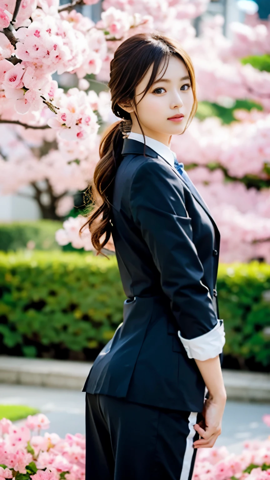 (((perfect anatomy))),Take a graduation photo at the university&#39;s magnificent main gate with cherry blossoms in full bloom,(Looks great in a navy blue recruit suit),(A beautiful 20-year-old female college student poses while holding her diploma with both hands.),A 20-year-old girl who looks good in necklaces and earrings,The hairstyle I got at the hair salon is cute,(Full body photo of her standing with cherry blossoms in the background from the front),best image quality,professional angle of view,excellent details,ultra high resolution,realistic:1.4),high detail,focus on details,High concentration of 1girls,Beautiful chestnut hair braided together,Delicate high nose and glossy lips,beautiful face,Long limbs like a model,
