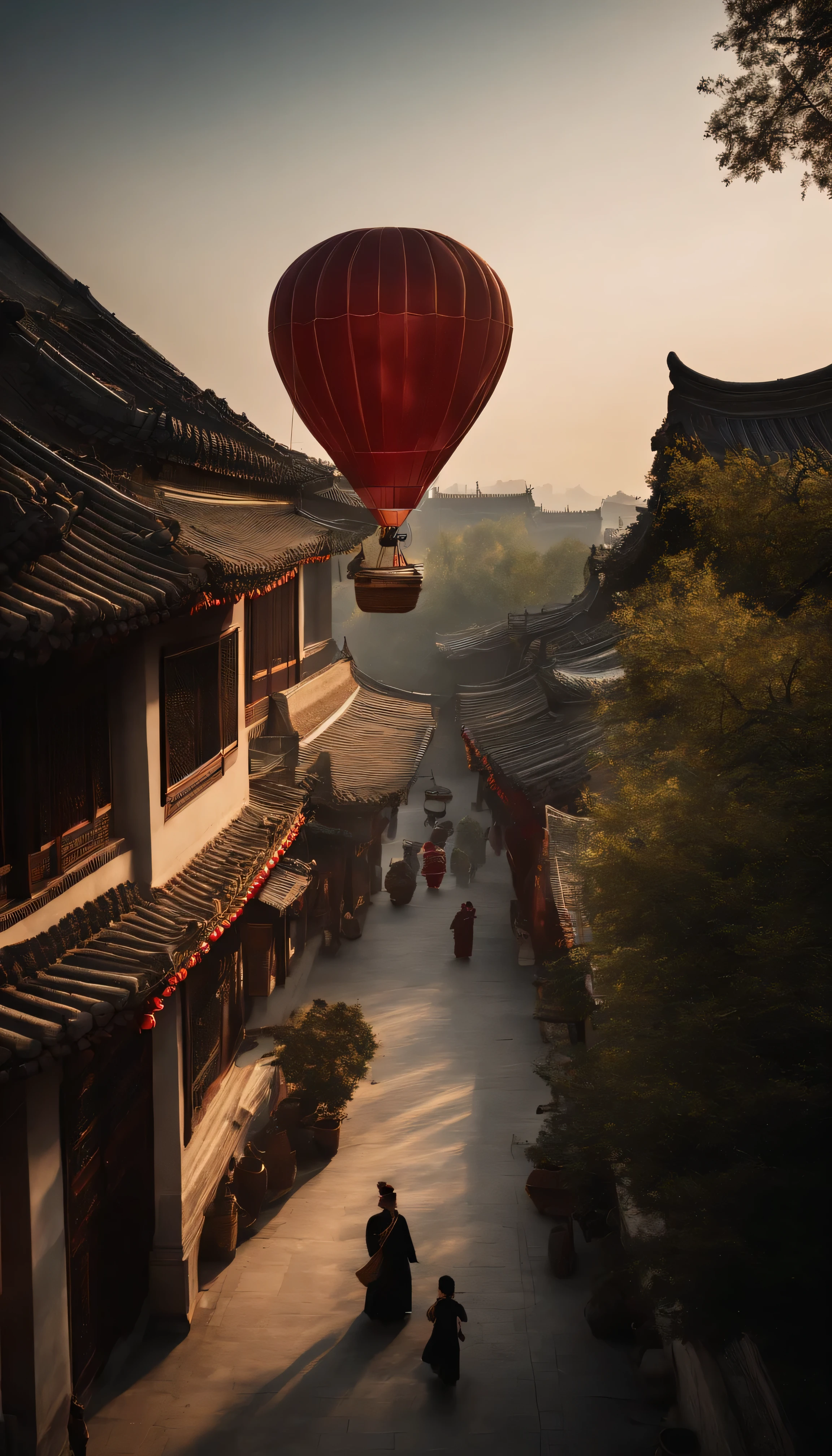 Streets in Beijing, Qing Dynasty, China,afternoon time,The sky is clear,There is a hot air balloon floating at the height of the roof in the close shot,overlooking angle,looking down from above,There is a child sitting in the basket of a hot air balloon