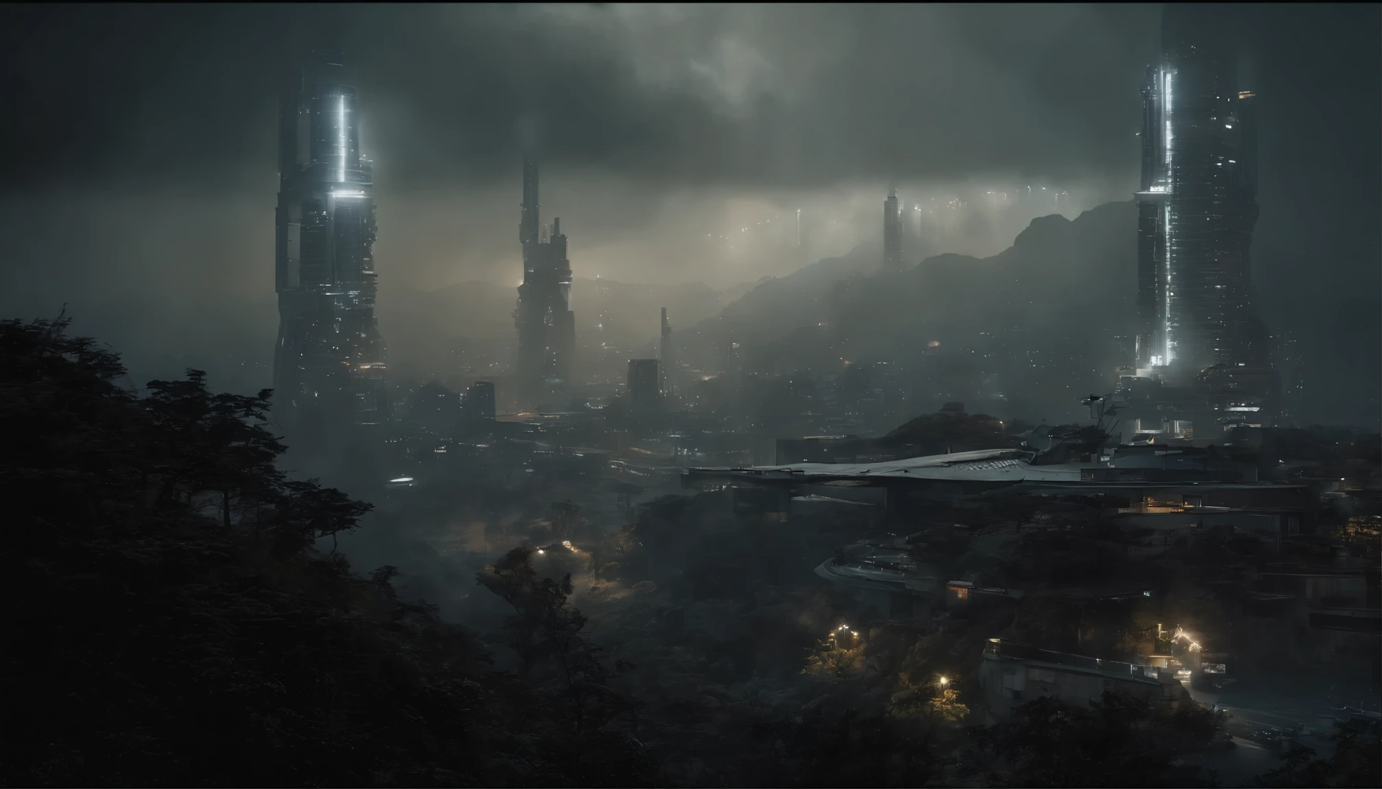 Futuristic spatial structure、territory、Appleseed、Shirou Masamune、Futuristic cities、blade runner、Replicant、rain、Moisture、The fog gathers、haze、tower