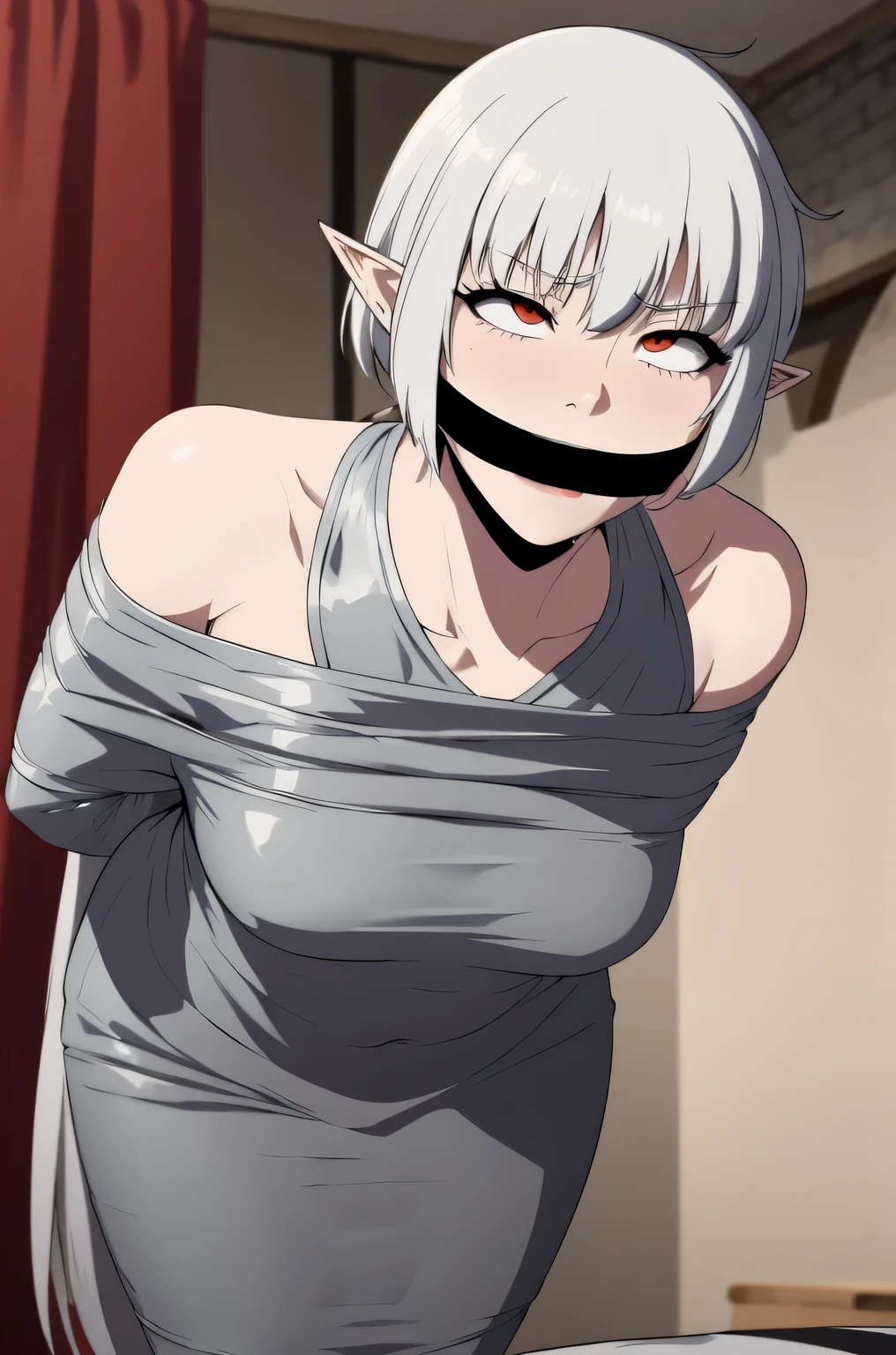 alice,vampire,grey hair, long hair, red eyes, pointy ears, small breasts
,1girl, mummified, gagged, silver duct tape, off shoulder, bending over, arms behind back, short hair, bangs, ponytail, blushing, slim, improvised gag, tape gag, gagged, duct tape, tape bondage, beautiful eyes, rolling eyes, orgasm