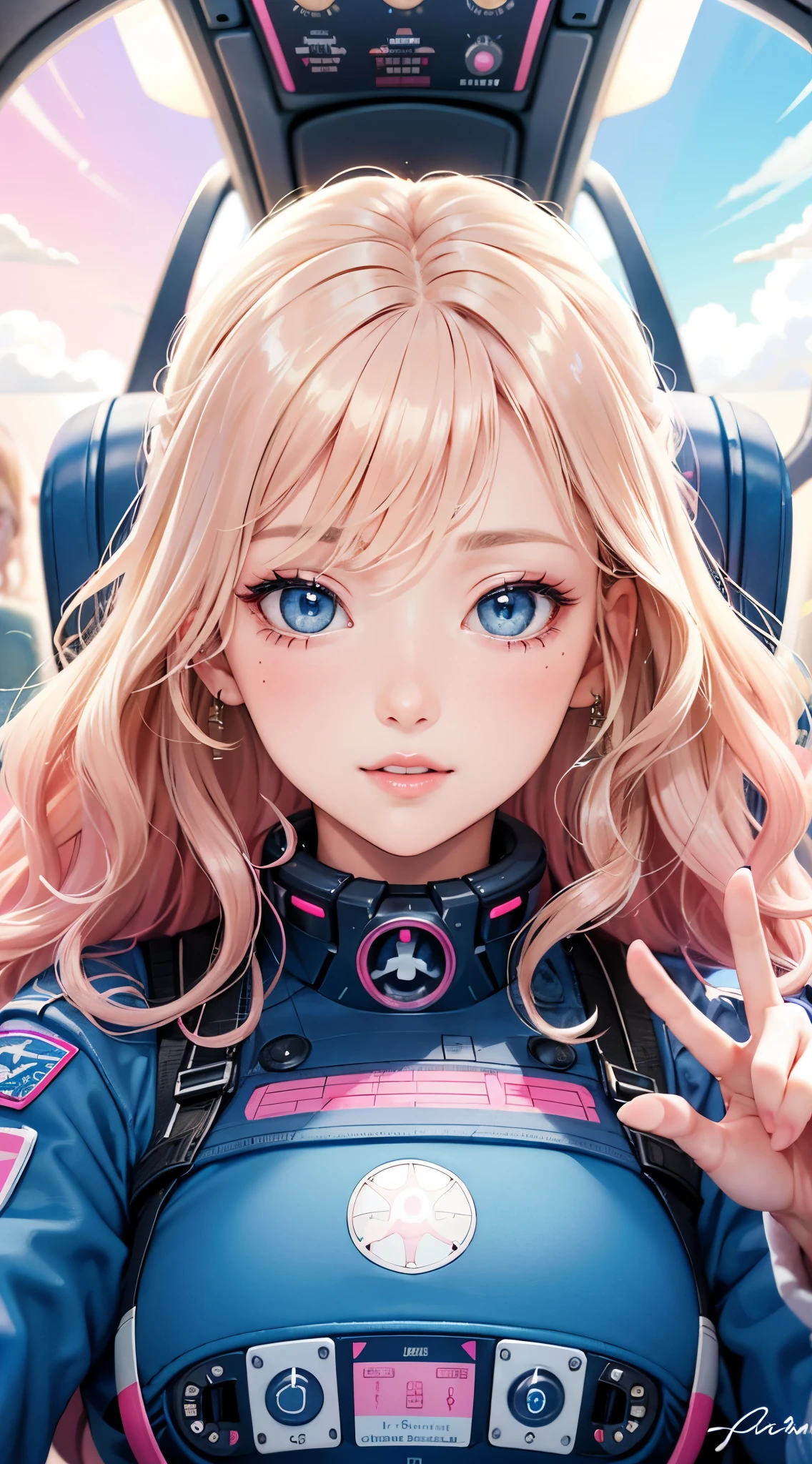 highest quality, Beautiful woman, wavy blonde hair, blue eyes, Bobicore, intricate pink pilot, In the cockpit of an airplane, wavy hair, beautiful face, perfect face, big, colorful eyes, soft smile, parted lips, perfect slim fit body, bright colors, soft colors