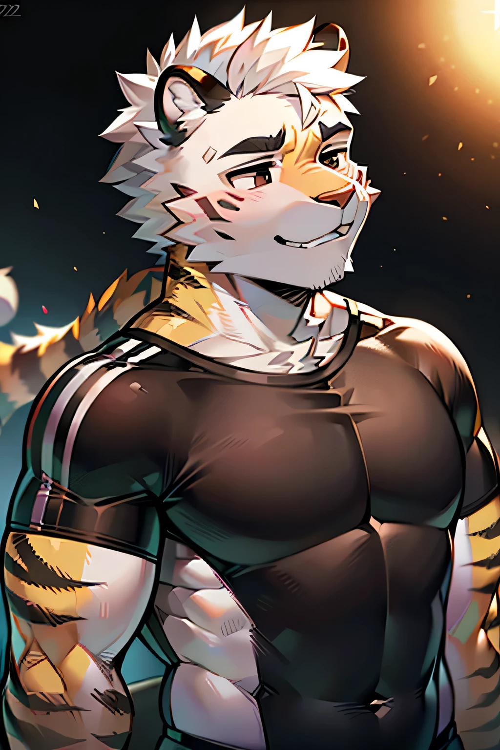  tiger，white and black fur, middle-aged man, black eyes, neat hair,white hair, buzz clip，Very detailed, sportswear