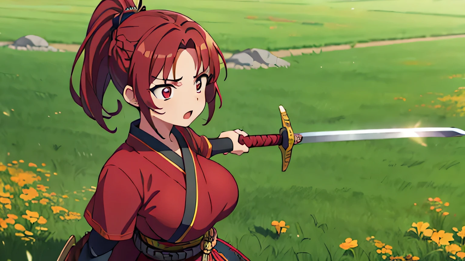 girl,huge breasts,short hair,braid ponytail,crimson hair,Severe,open your mouth,the sword on her hip,Naginata on the back,warrior,battle with dragon,dutch angle,close to the viewer,in the meadow