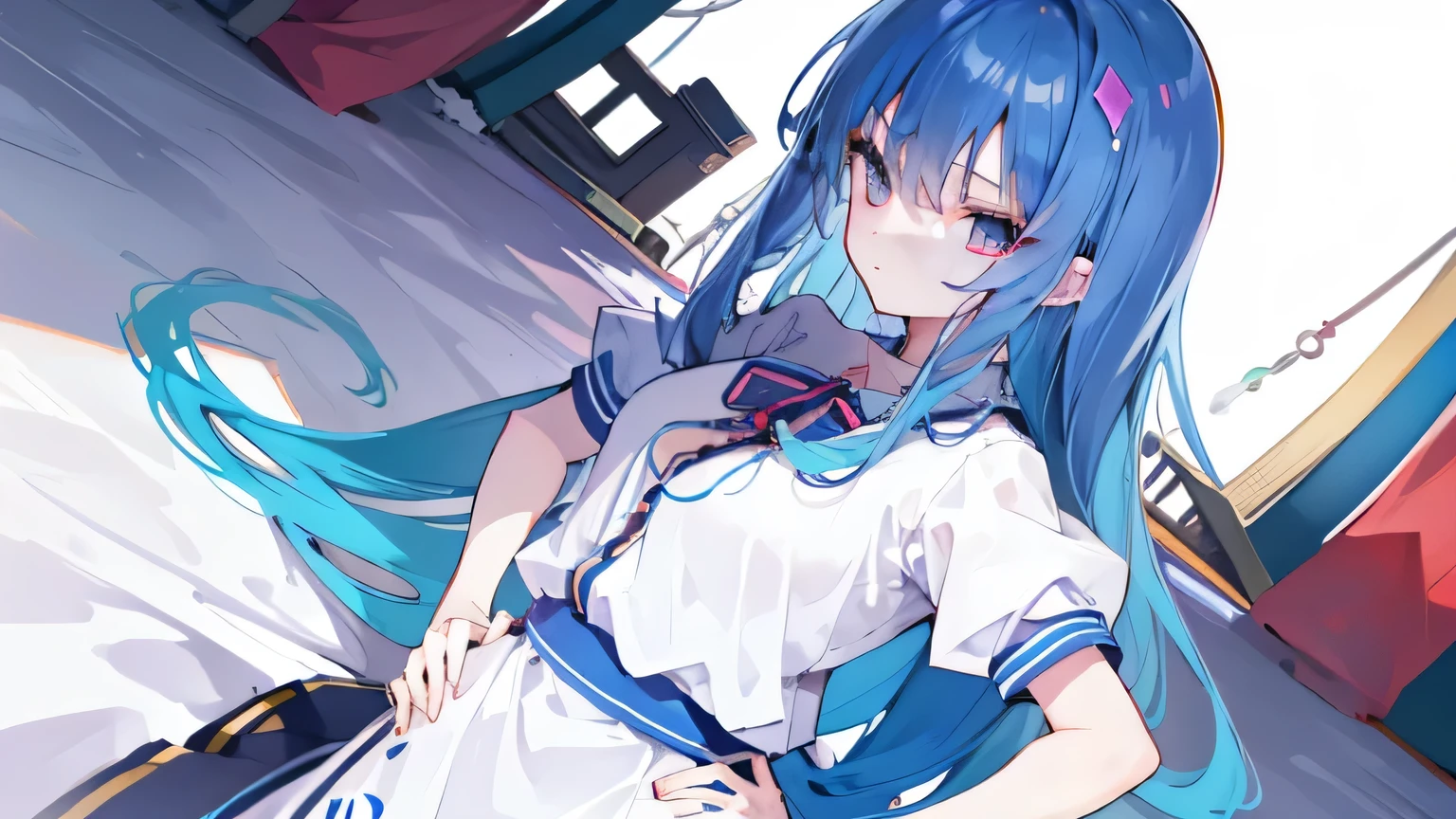 (masterpiece),best quality, expressive eyes, perfect face, 1girl,
big breasts, H cup, Good breasts, Put your hands on your waist,Fair, Gorgeous,japanese manga,girl,Laura,Young angels, blue hair, blue haired,tent , tent chest, tent breast, floating clothes,grab your waist, grab your waist, hands on hips , hands on hips，flat chest，bad milk，Nagiko Fujisaki，blue hairs，long, straight hair，long hair，