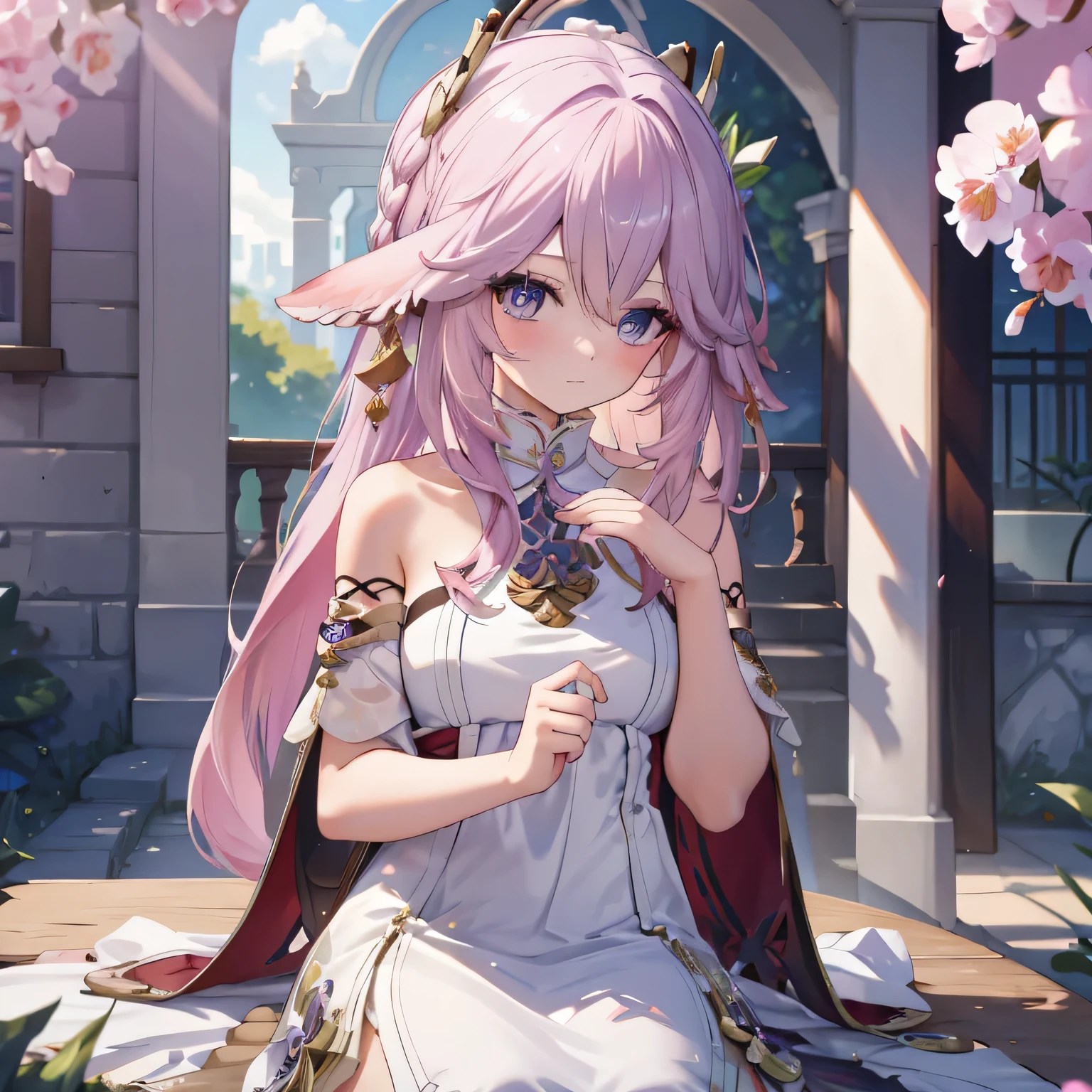 outdoors in a quiet atmosphere, The table top is、Serves as a stunning 8K wallpaper background with the highest quality and detail。. This scene features one attractive girl, Identified as Helena from the world of Azur Lane, Bathed in natural light、cast a captivating gaze on the viewer.

Helena wears a beautiful strapless dress, Bright white fabric decorated with intricate layers and graceful pleats, symbolizes her delicate and fantastical nature. her eyes, enchanting purple hue, Shining with an uncontrollable inner glow.

her hair dregs