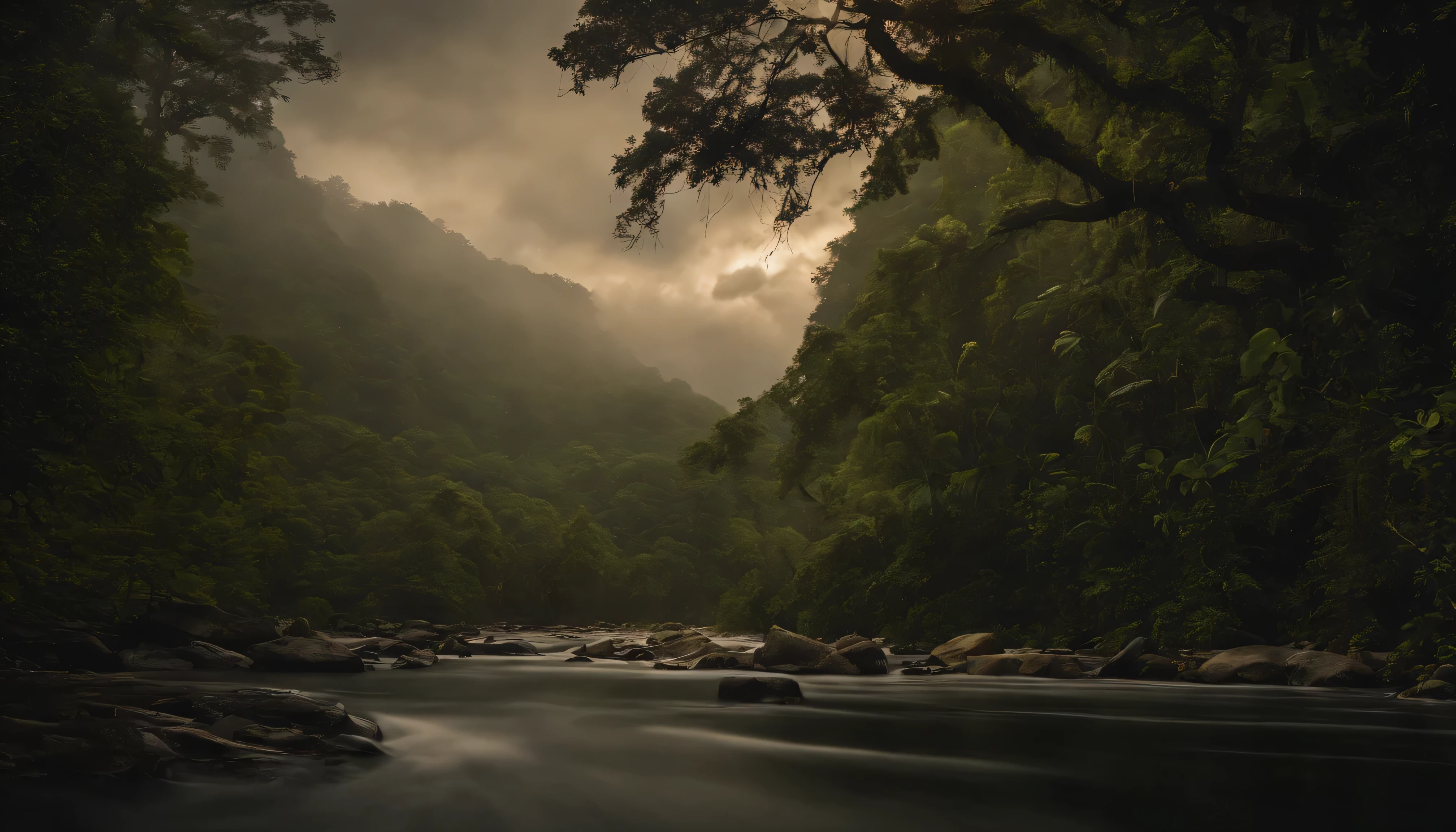 Design an image depicting an intense night storm scene over an ancient rainforest. The sky above is a canvas of chaotic beauty, with lightning bolts illuminating the dense canopy below. Each flash reveals the rich, wet leaves of towering trees and the intricate ecosystem that thrives under their shelter. The storm's fury is juxtaposed with the enduring calm of the forest, highlighting the timeless dance between nature's tempests and the tranquility of the ancient woodlands. Include the occasional glimpse of a waterfall or river, its waters surging in response to the downpour, adding to the scene's dynamic beauty.
