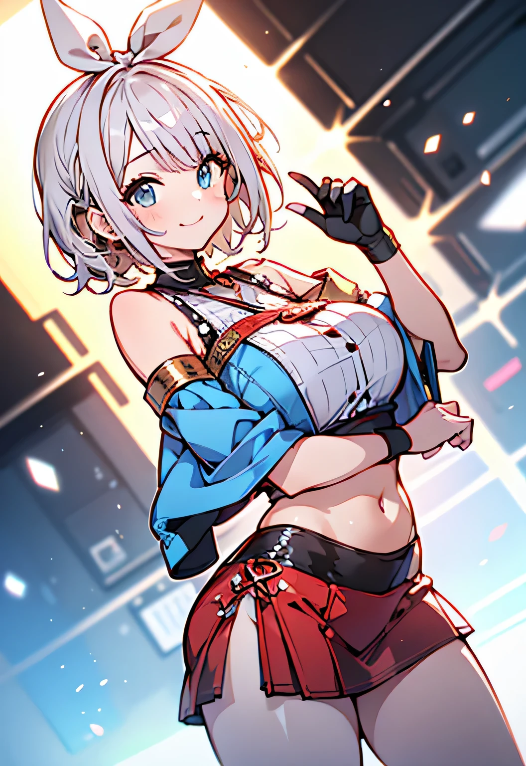 Erotic Anime Illustration、High resolution、Plump gal flirting at a party、gathered skirt、Kagamine rin、beautiful eyes、Ecstatic smile、Overwhelming huge breasts that go beyond common sense、thick legs with fat、perfect proportions、cowboy shot、expose the vagina