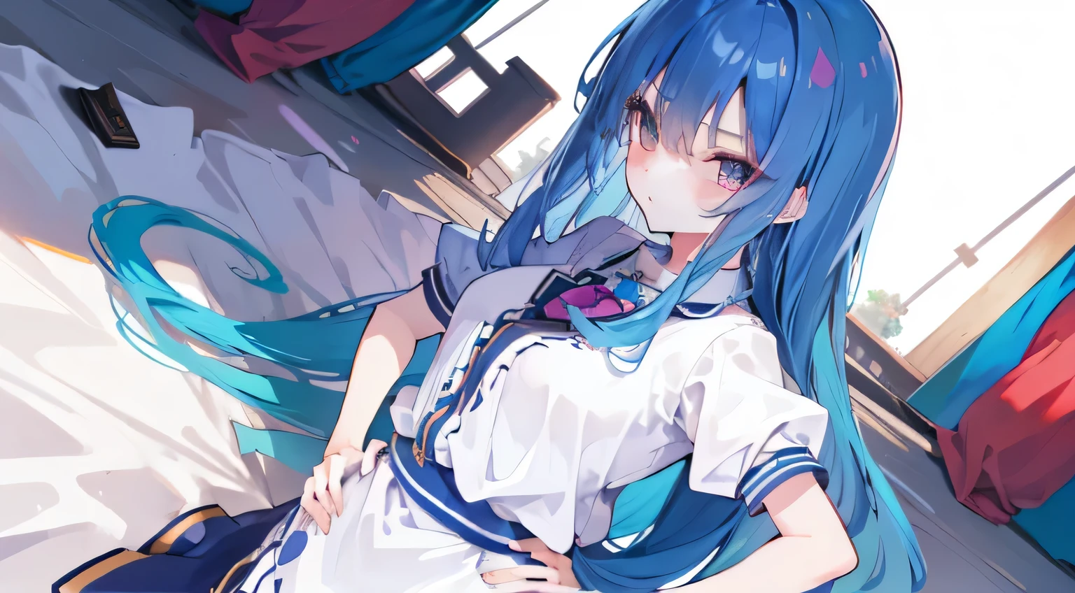 (masterpiece),best quality, expressive eyes, perfect face, 1girl,
big breasts, H cup, Good breasts, Put your hands on your waist,Fair, Gorgeous,japanese manga,girl,Laura,Young angels, blue hair, blue haired,tent , tent chest, tent breast, floating clothes,grab your waist, grab your waist, hands on hips , hands on hips,flat chest,bad milk,Nagiko Fujisaki,blue hairs,long, straight hair,long hair,