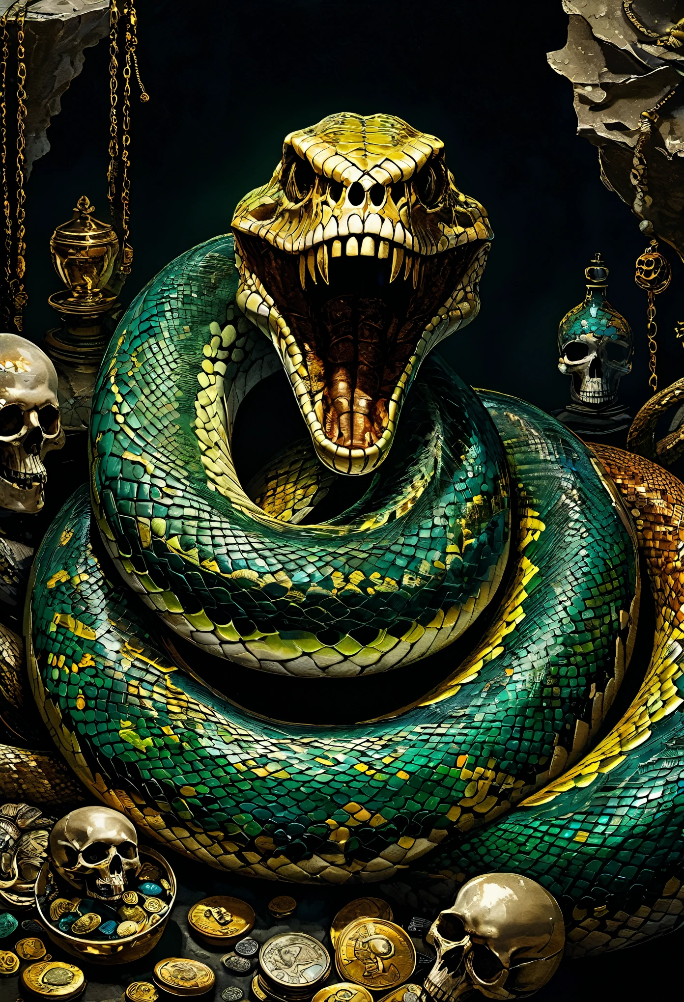 coiled snakes, High head, Looking at the camera with disdain, Slightly open mouth, Flame-burning reverse scales and eyesCurved, Spine of a Serpent [snake] [colorful scales], portraying the intricate (texture) of the (bones) and (skull) with (realistic) (eye sockets) and (teeth), A cave with various jewelry hangings, Ground piled with gold coins, Art Deco, Tonalism, 8k, award winning, masterpiece, anatomically correct, anatomically correct, UHD, textured skin, textured skin, super detail, award winning, 8k