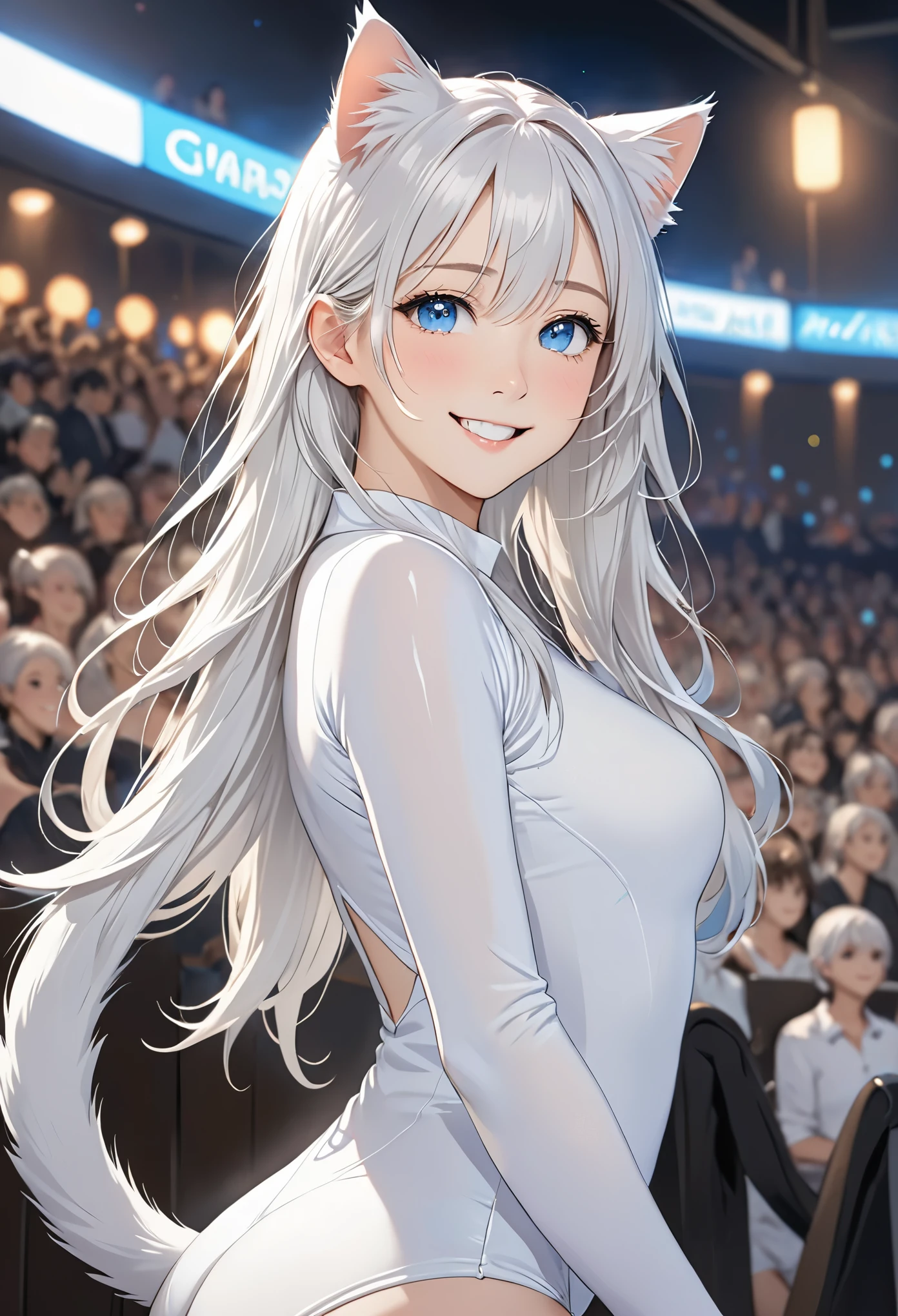 (Empty), ((masterpiece)) , ((best quality)), illustration, hairy,
Cat, Animal ears, Tail, bodysuit, 1 girl, View, Upper body, 1 girl, alone, long hair, white hair, *//*, blue eyes, *//*, White shirt, looking at the audience, Smile,