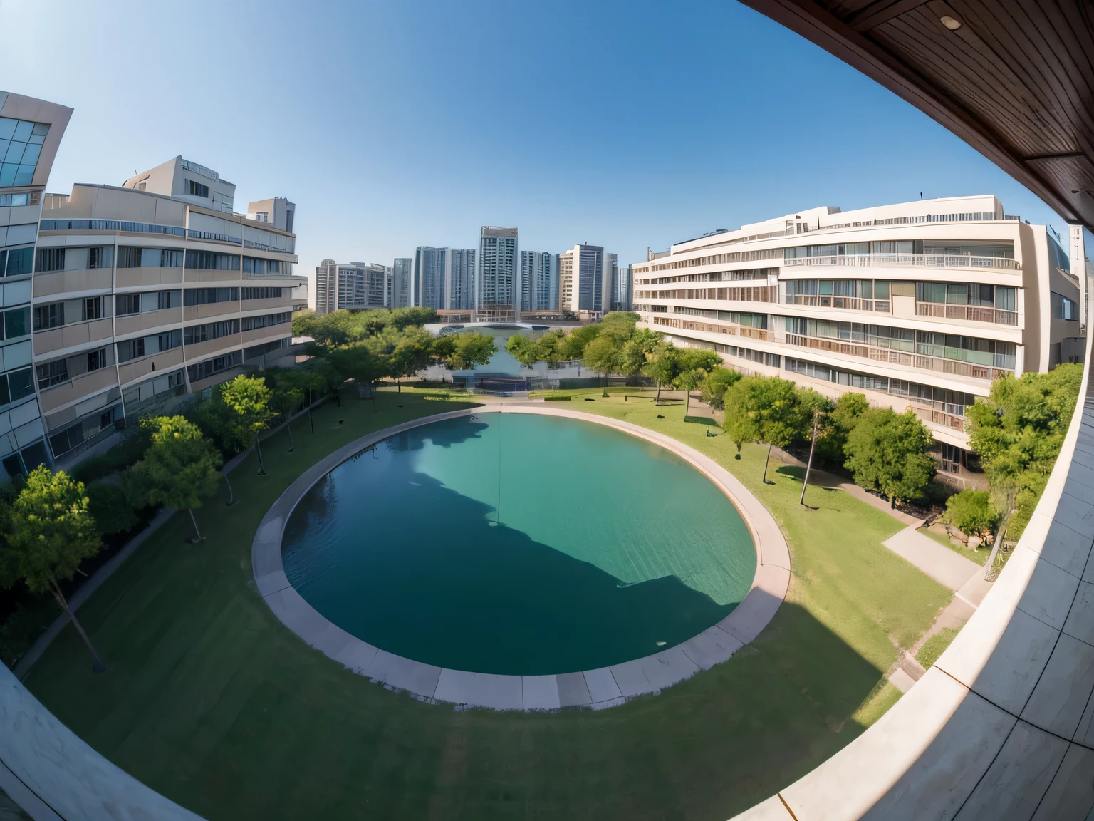 super wide angle，Averill scenery，The background is a building,  photography, low angle 鱼眼view,  low angle fish eye 镜片, 